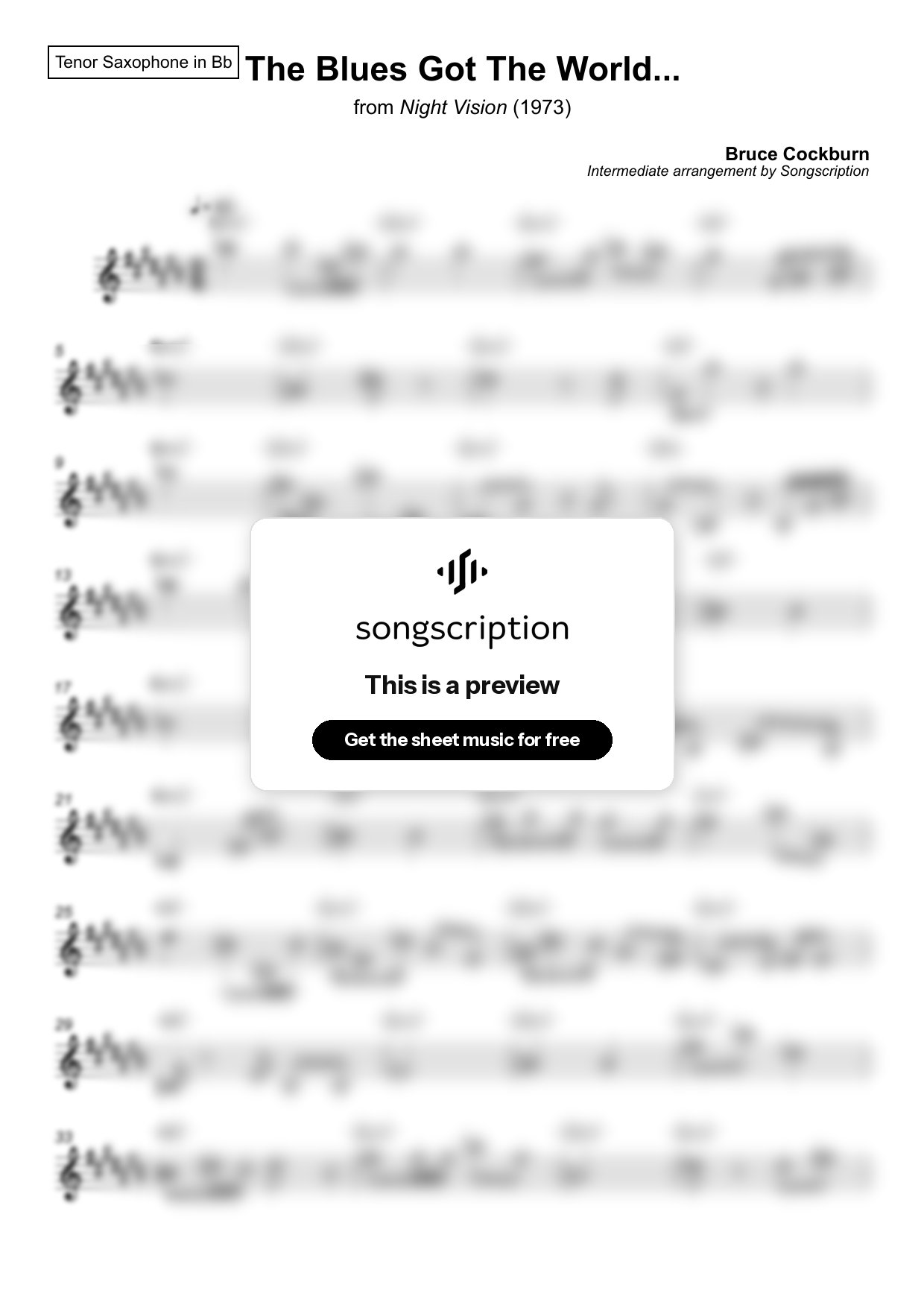 Intermediate Tenor Sax Sheet Music for "The Blues Got The World..." by Bruce Cockburn