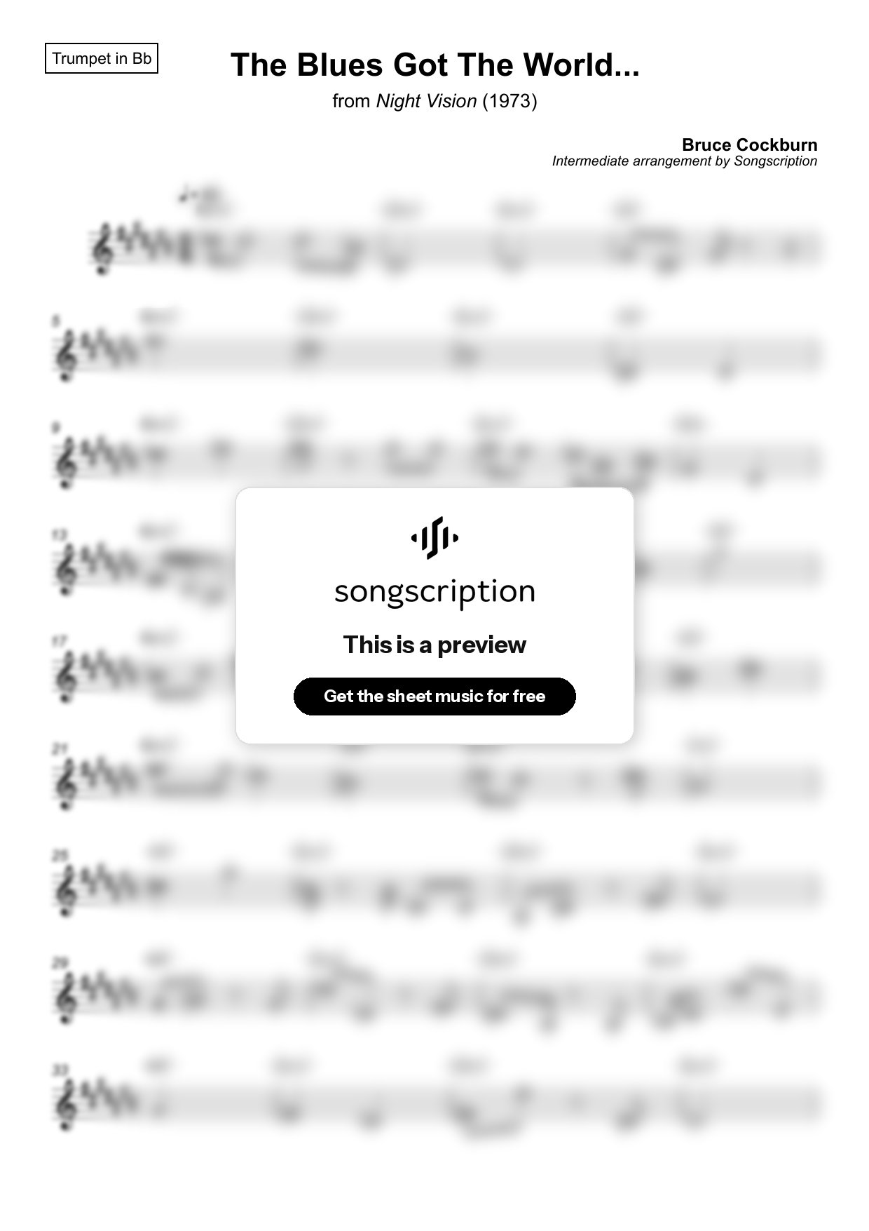 Intermediate Trumpet Sheet Music for "The Blues Got The World..." by Bruce Cockburn