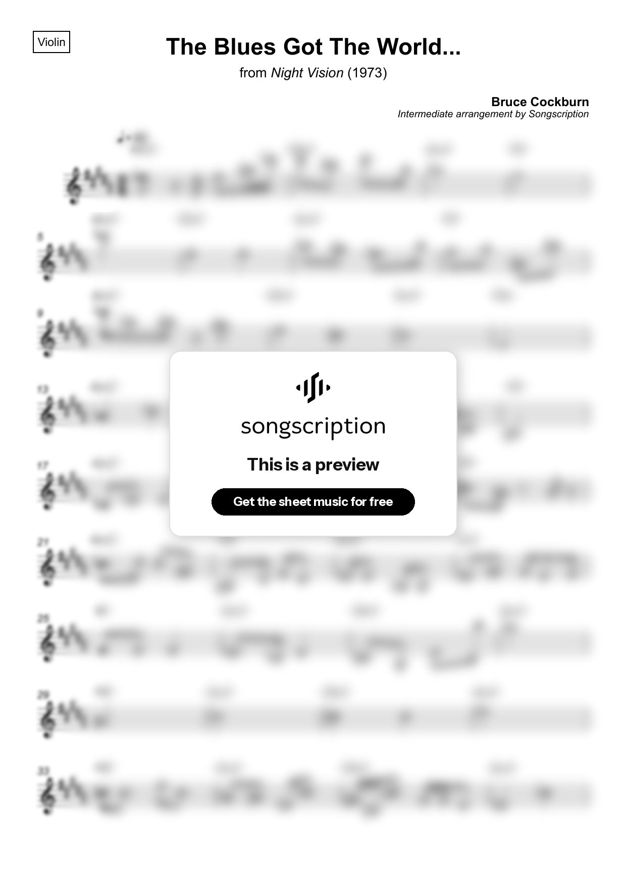 Intermediate Violin Sheet Music for "The Blues Got The World..." by Bruce Cockburn