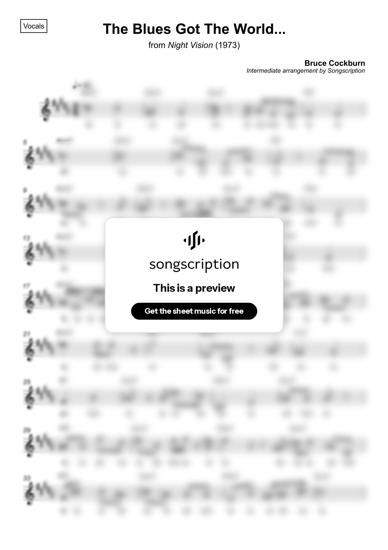 Intermediate Vocals Sheet Music for "The Blues Got The World..." by Bruce Cockburn