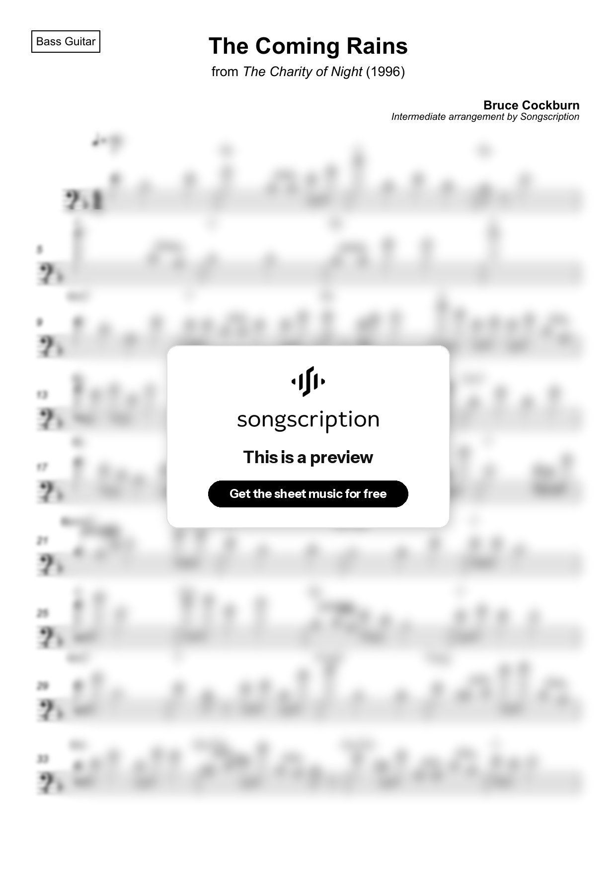 Intermediate Bass Guitar Sheet Music for "The Coming Rains" by Bruce Cockburn