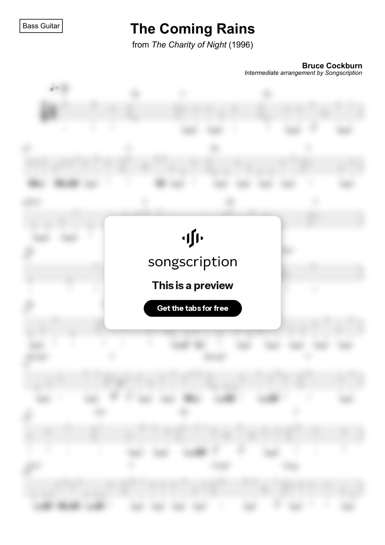 Intermediate Bass Guitar Tabs for "The Coming Rains" by Bruce Cockburn