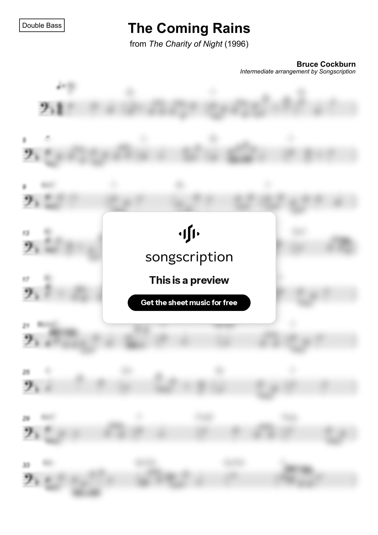 Intermediate Double Bass Sheet Music for "The Coming Rains" by Bruce Cockburn