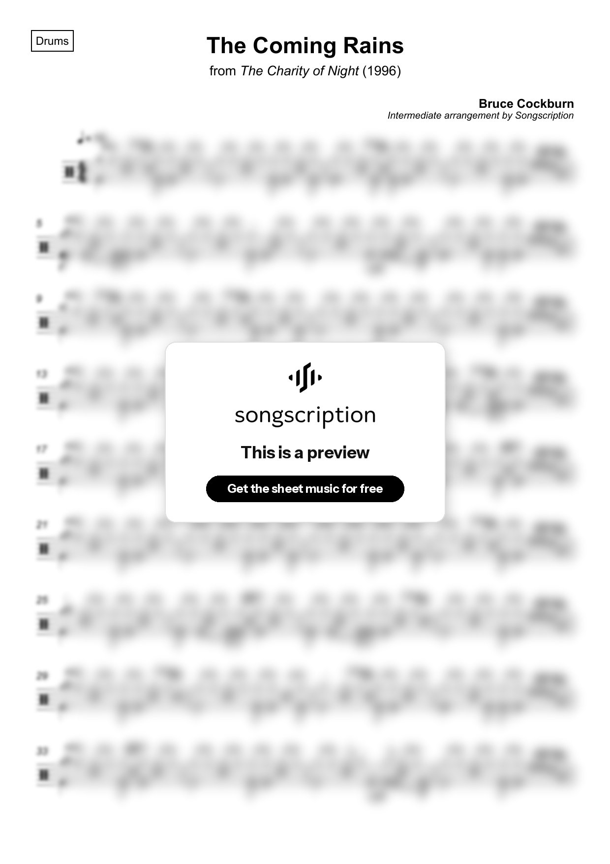 Intermediate Drums Sheet Music for "The Coming Rains" by Bruce Cockburn