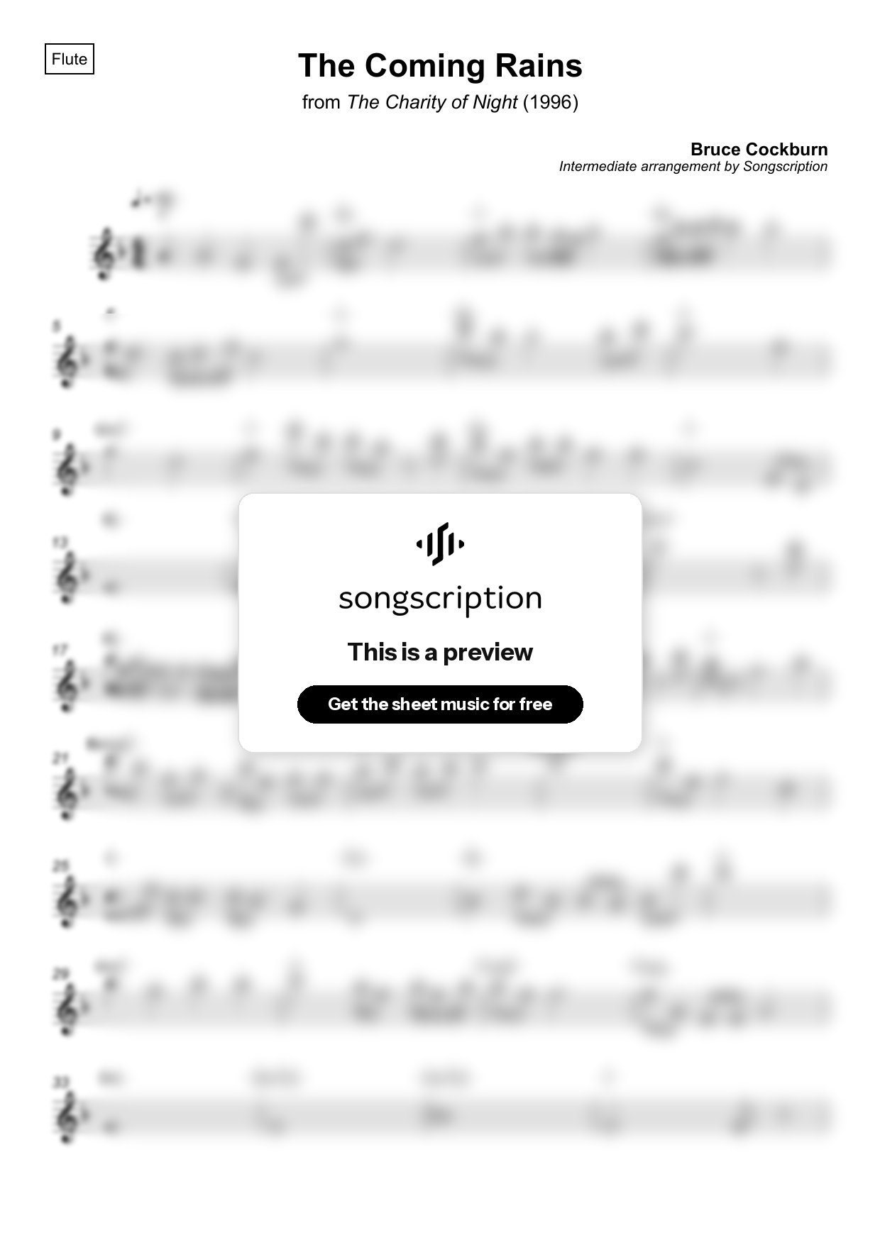 Intermediate Flute Sheet Music for "The Coming Rains" by Bruce Cockburn