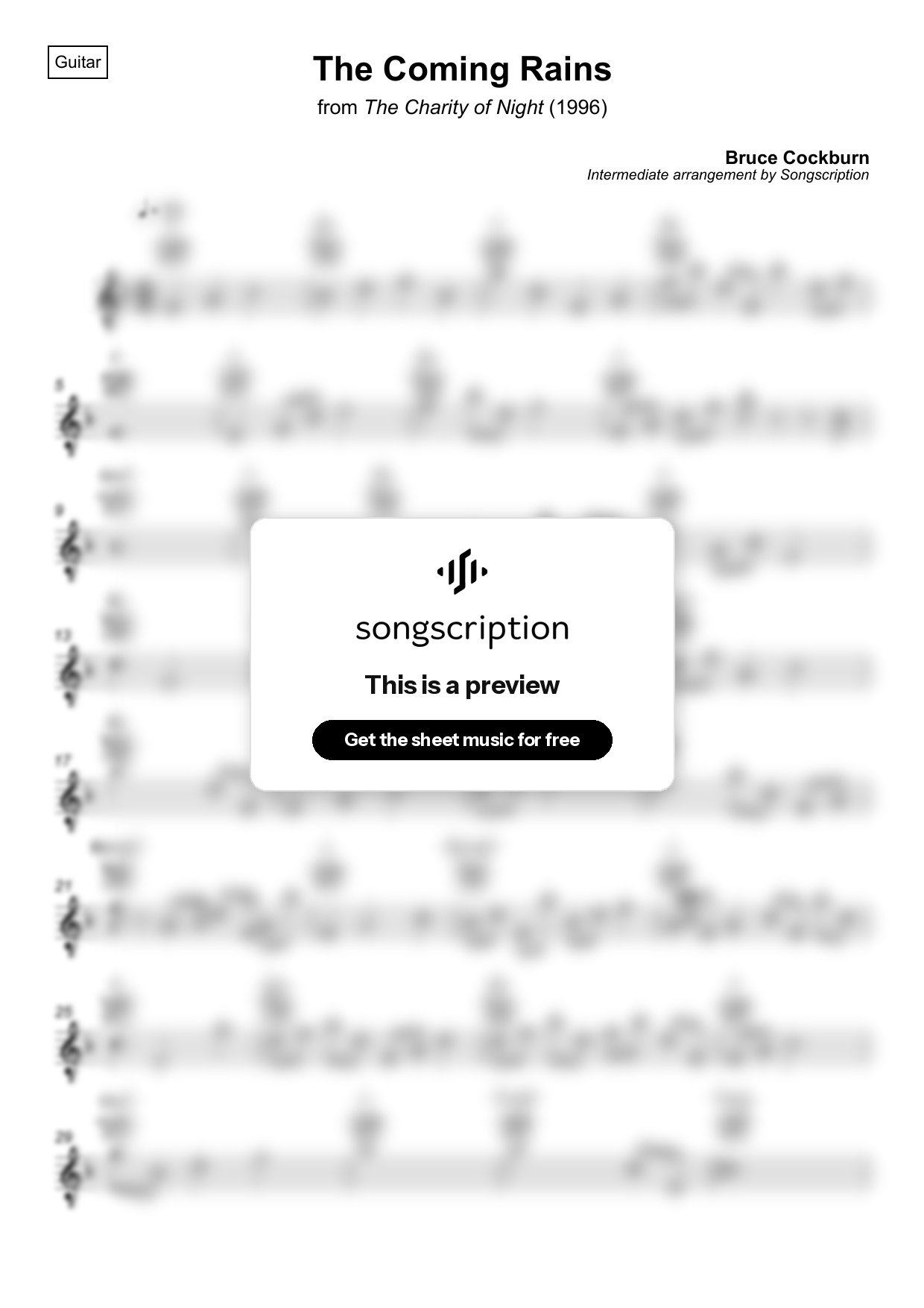 Intermediate Acoustic Guitar Sheet Music for "The Coming Rains" by Bruce Cockburn