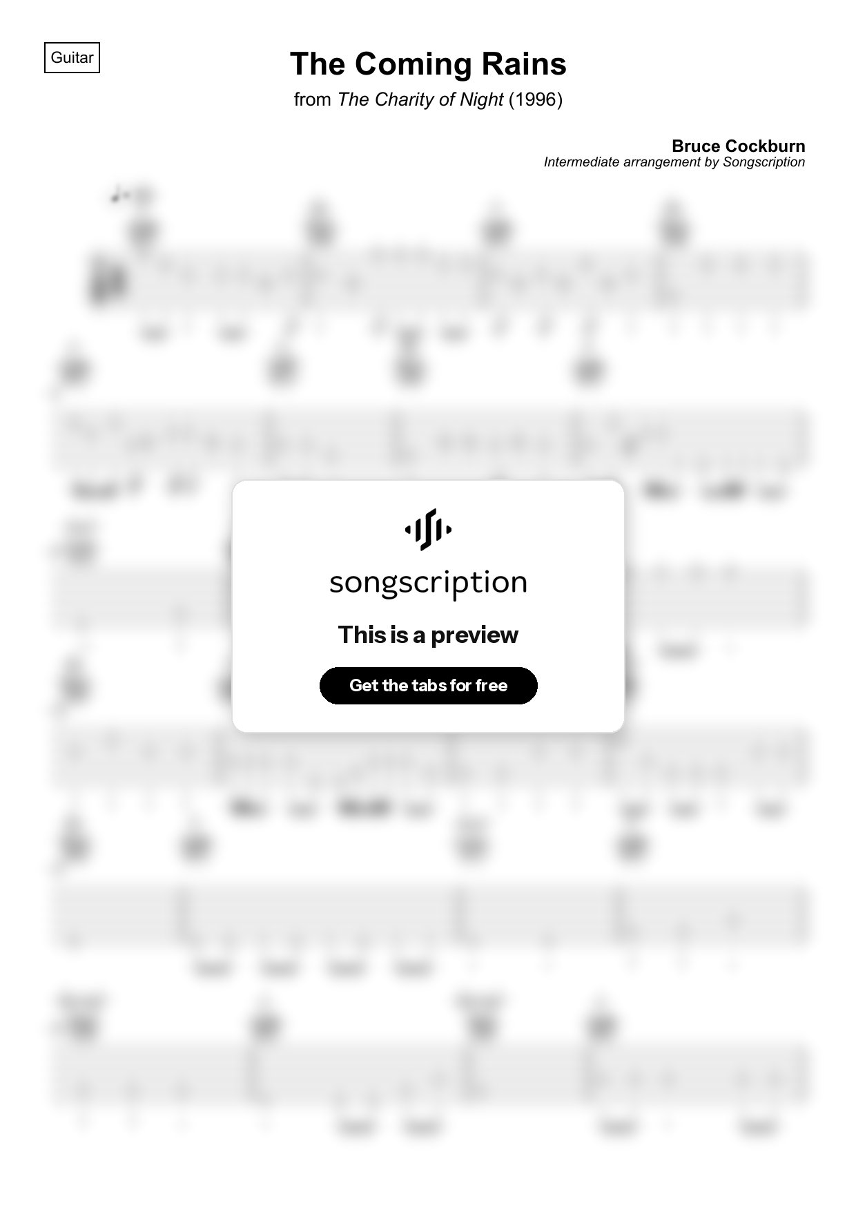 Intermediate Acoustic Guitar Tabs for "The Coming Rains" by Bruce Cockburn