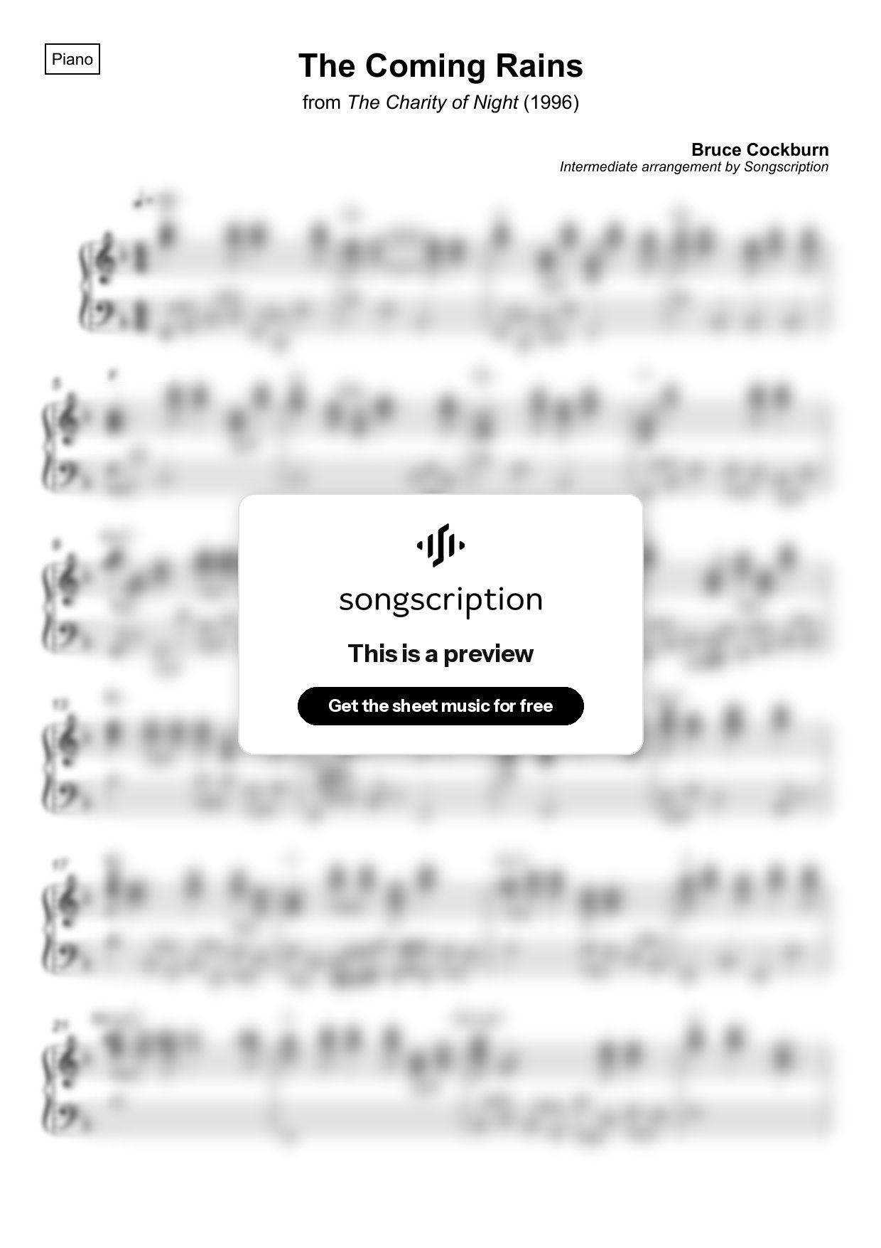 Intermediate Piano Sheet Music for "The Coming Rains" by Bruce Cockburn