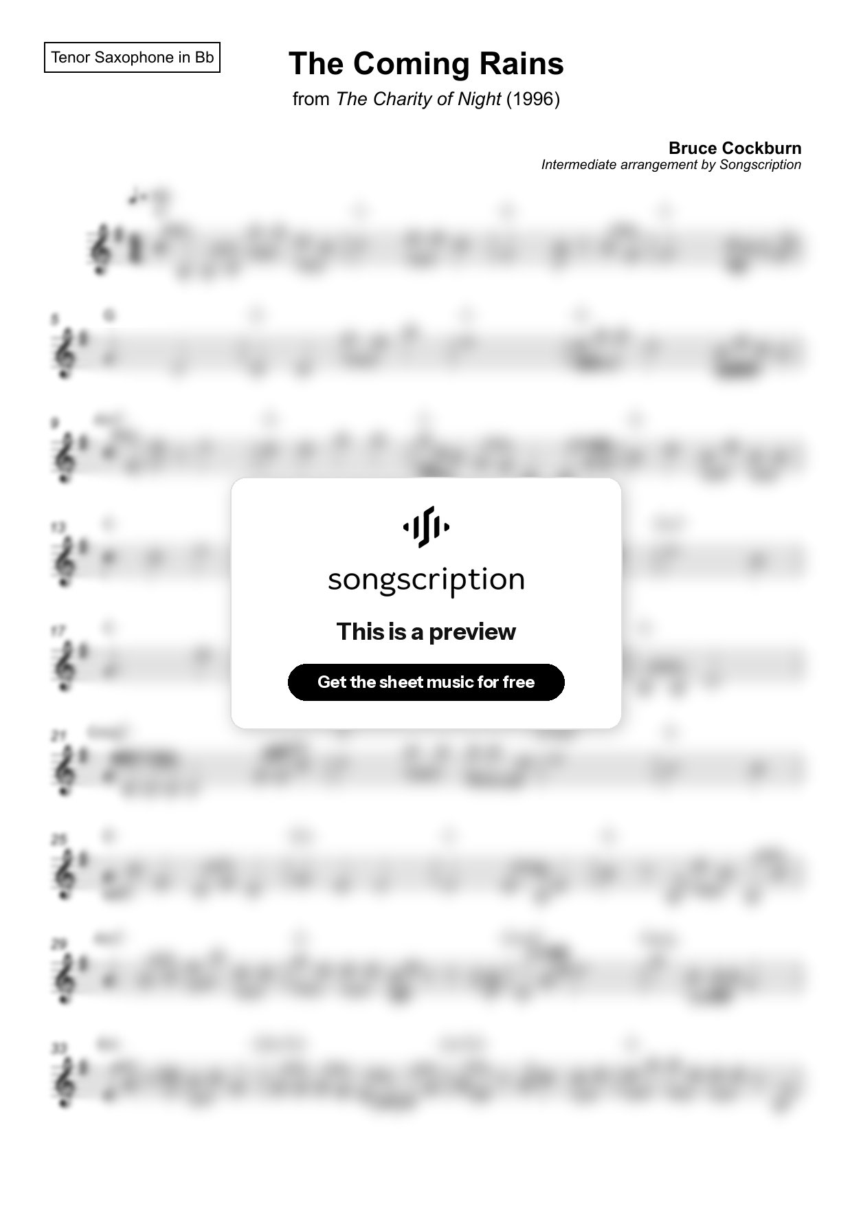Intermediate Tenor Sax Sheet Music for "The Coming Rains" by Bruce Cockburn