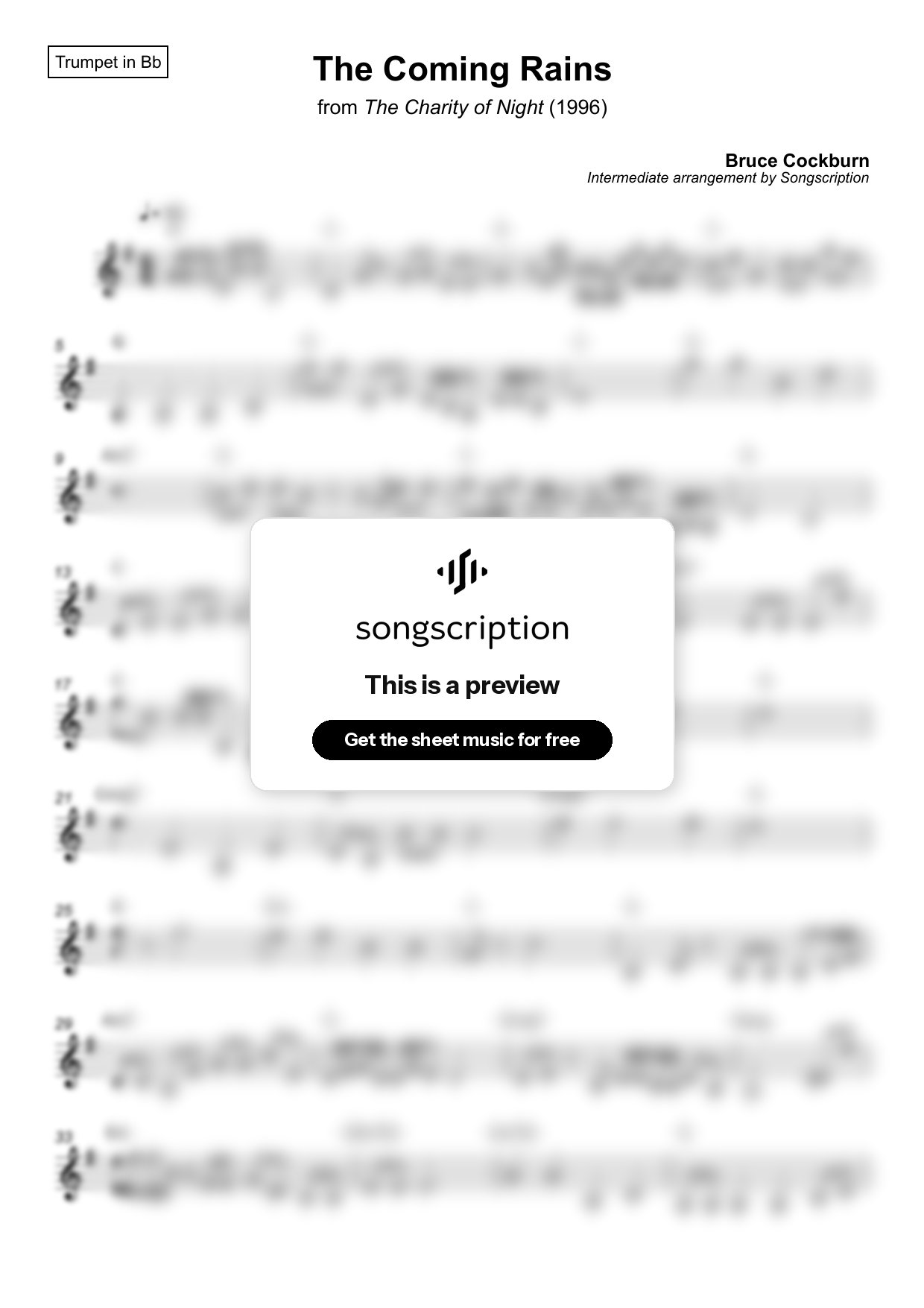 Intermediate Trumpet Sheet Music for "The Coming Rains" by Bruce Cockburn