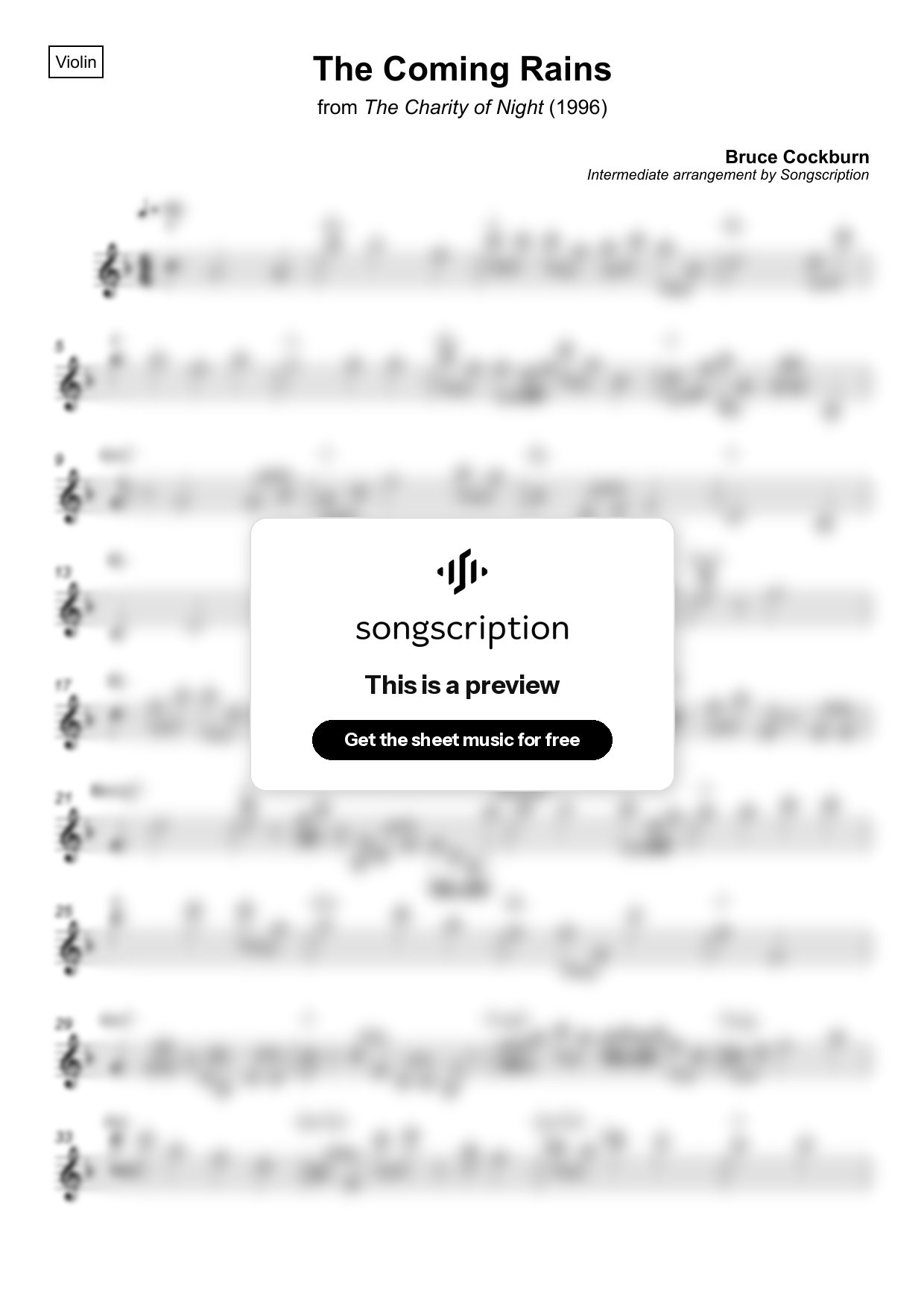 Intermediate Violin Sheet Music for "The Coming Rains" by Bruce Cockburn