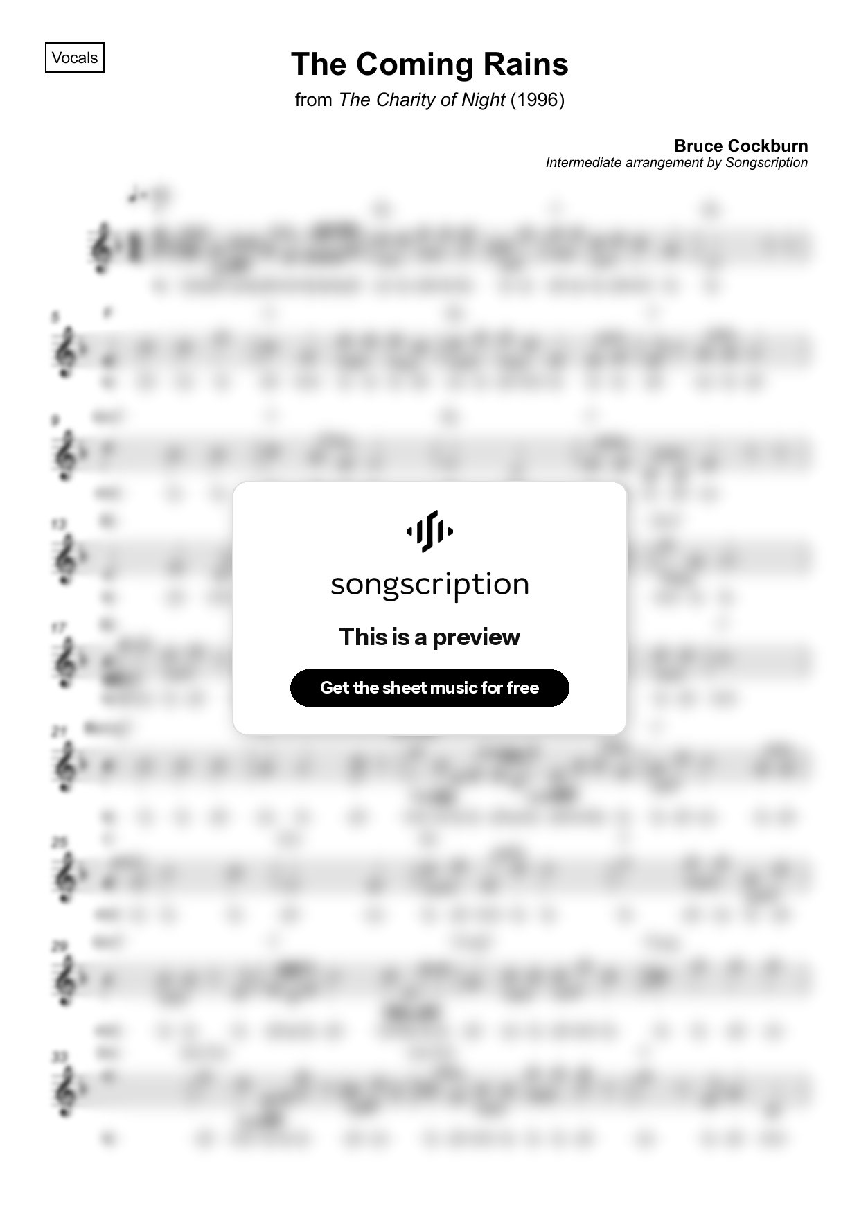 Intermediate Vocals Sheet Music for "The Coming Rains" by Bruce Cockburn