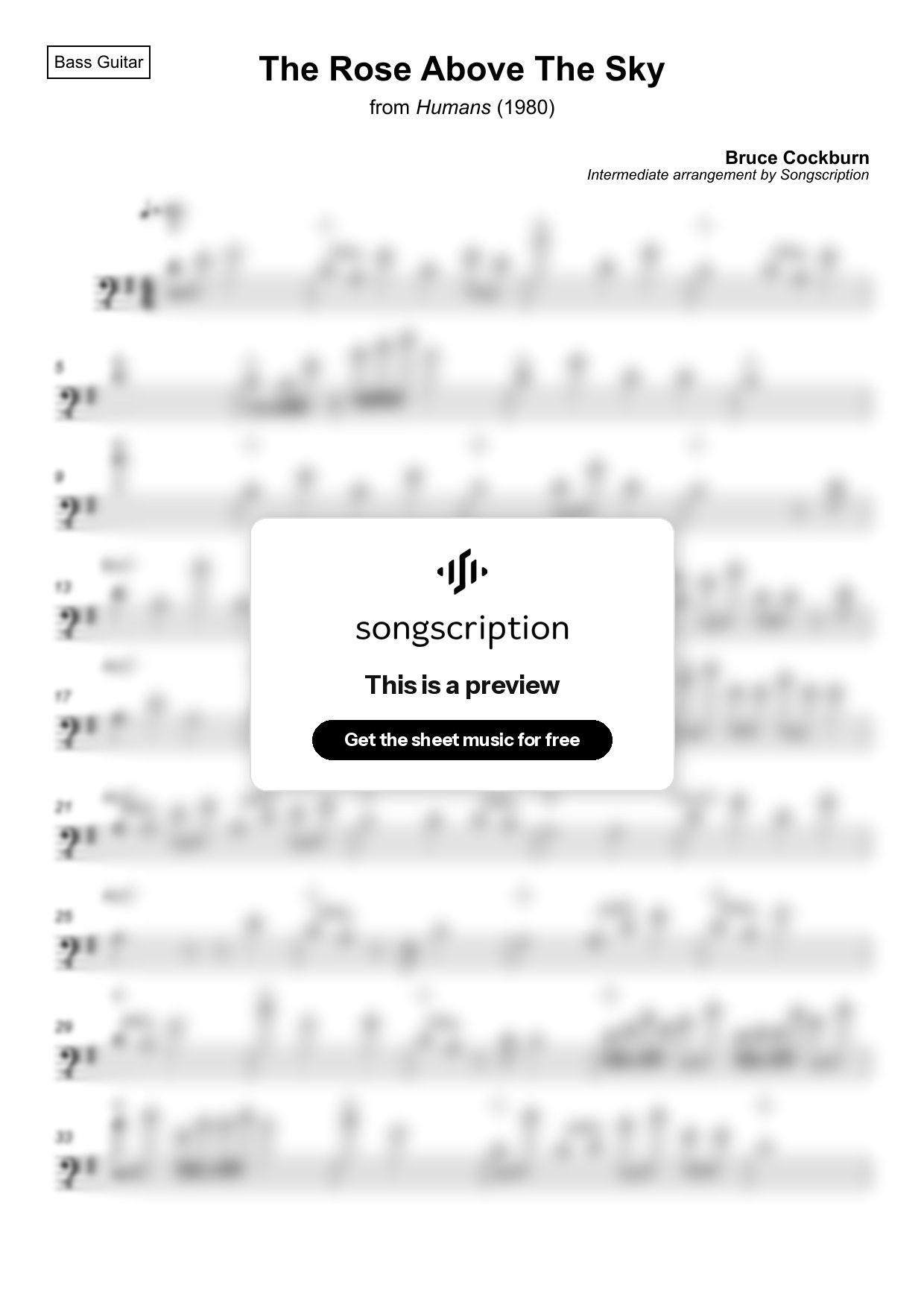 Intermediate Bass Guitar Sheet Music for "The Rose Above The Sky" by Bruce Cockburn