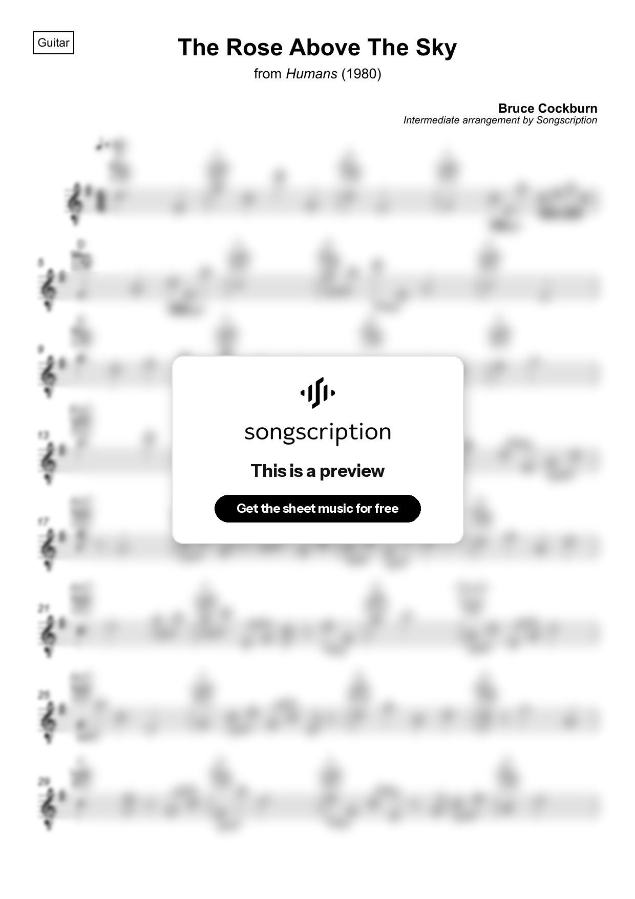Intermediate Acoustic Guitar Sheet Music for "The Rose Above The Sky" by Bruce Cockburn