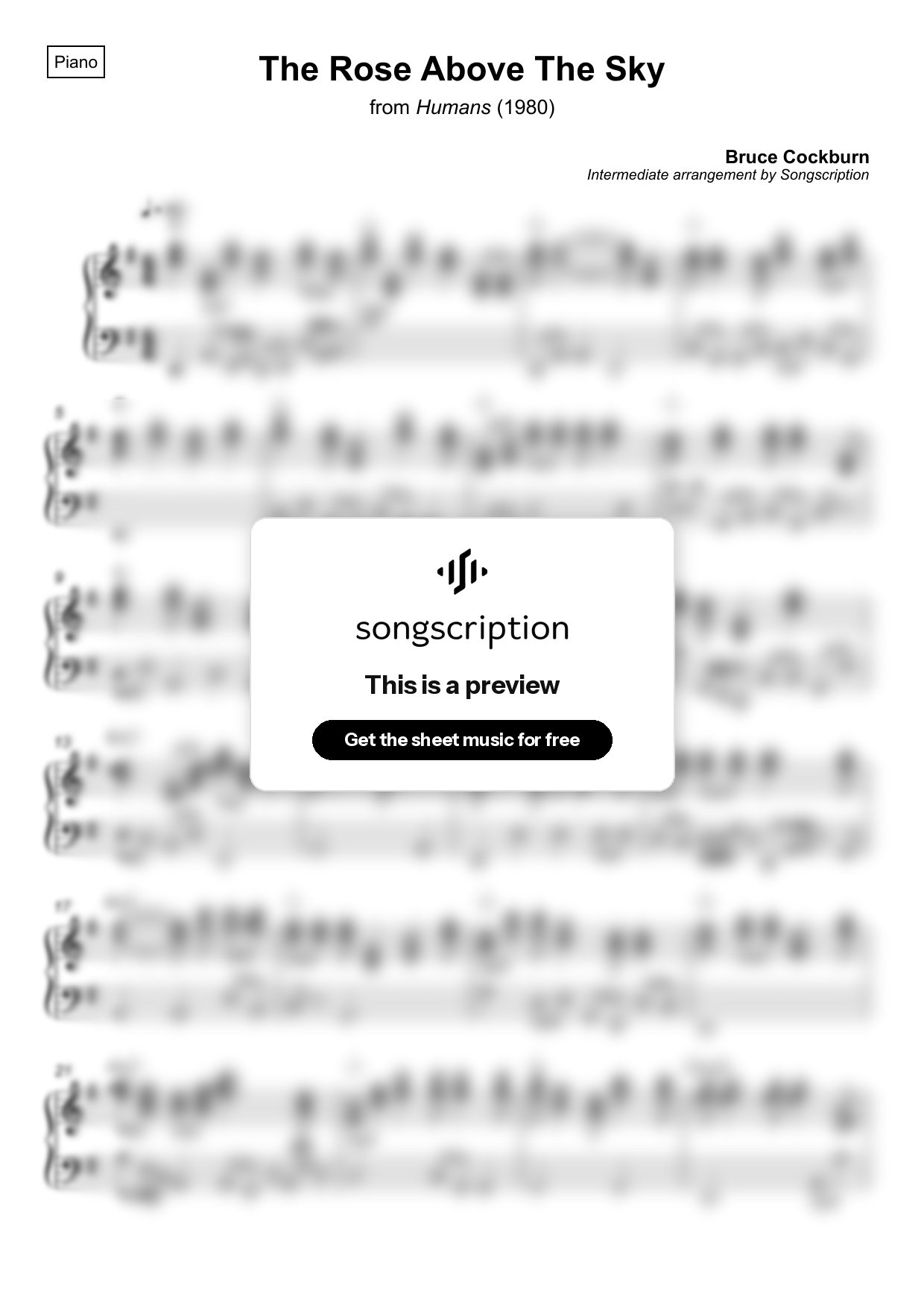 Intermediate Piano Sheet Music for "The Rose Above The Sky" by Bruce Cockburn