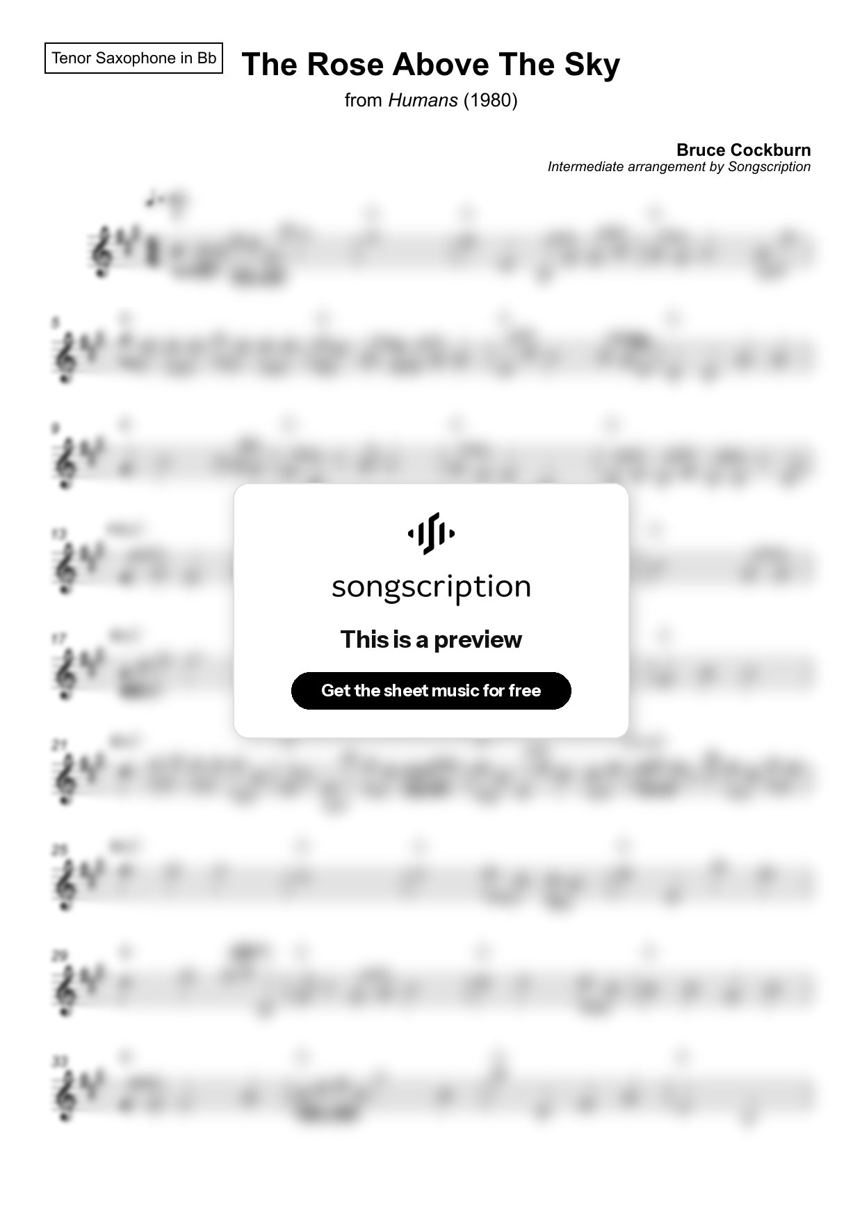 Intermediate Tenor Sax Sheet Music for "The Rose Above The Sky" by Bruce Cockburn