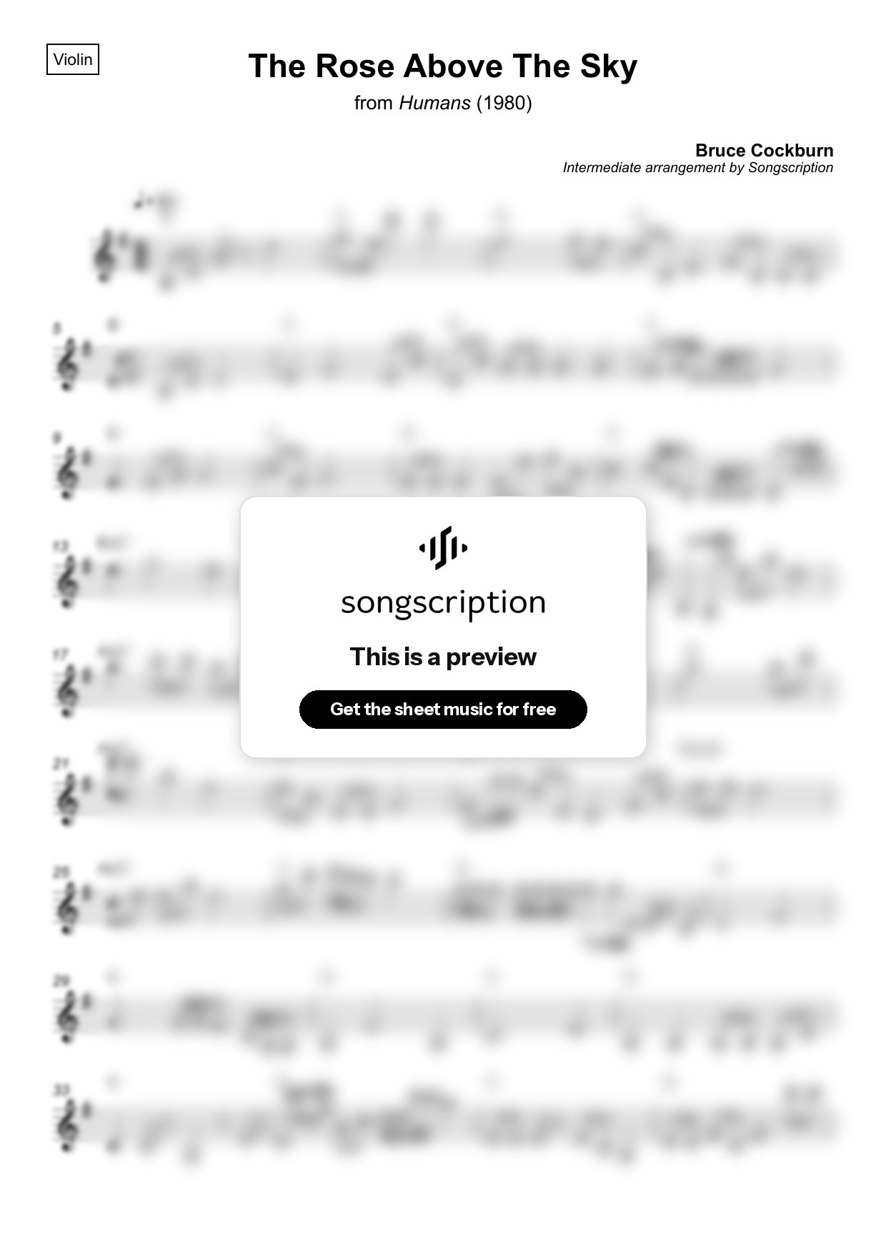 Intermediate Violin Sheet Music for "The Rose Above The Sky" by Bruce Cockburn