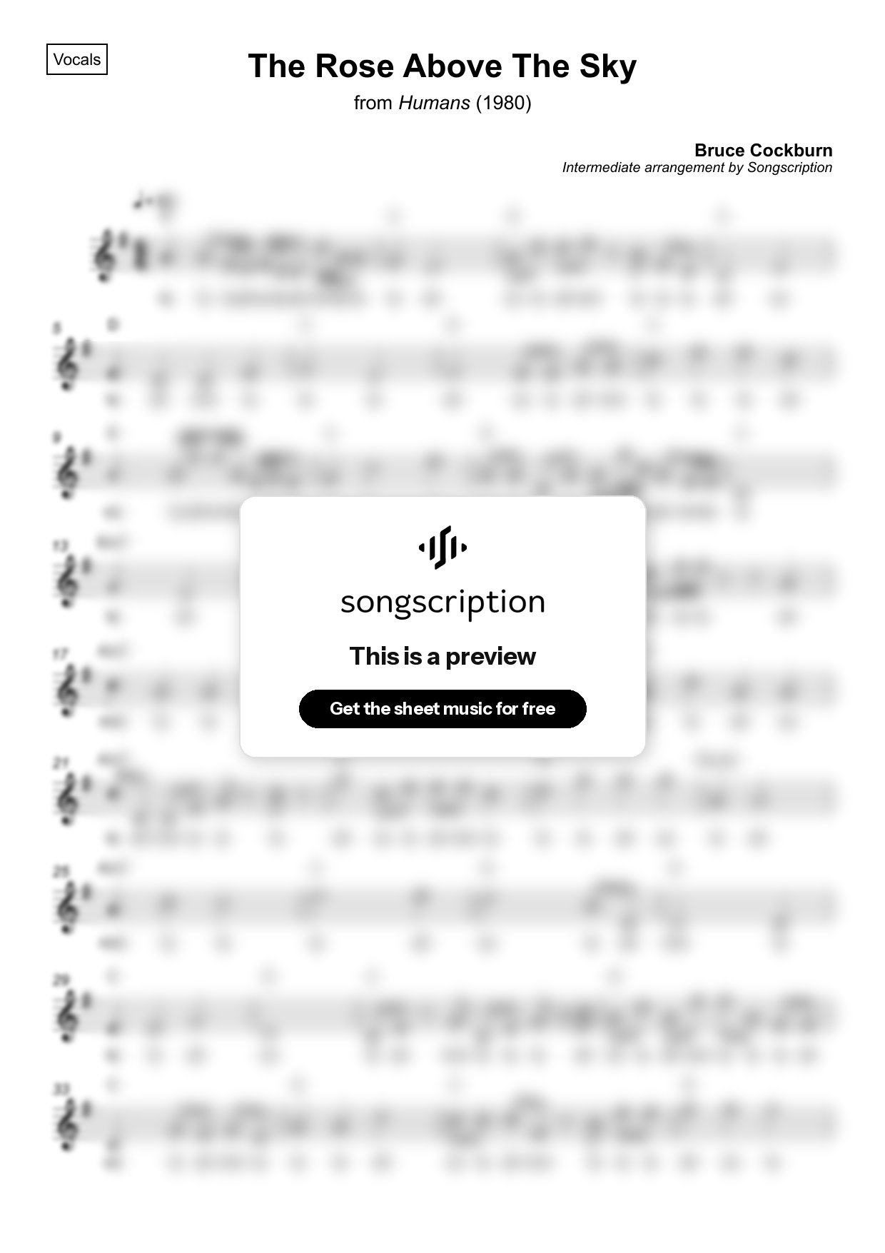 Intermediate Vocals Sheet Music for "The Rose Above The Sky" by Bruce Cockburn