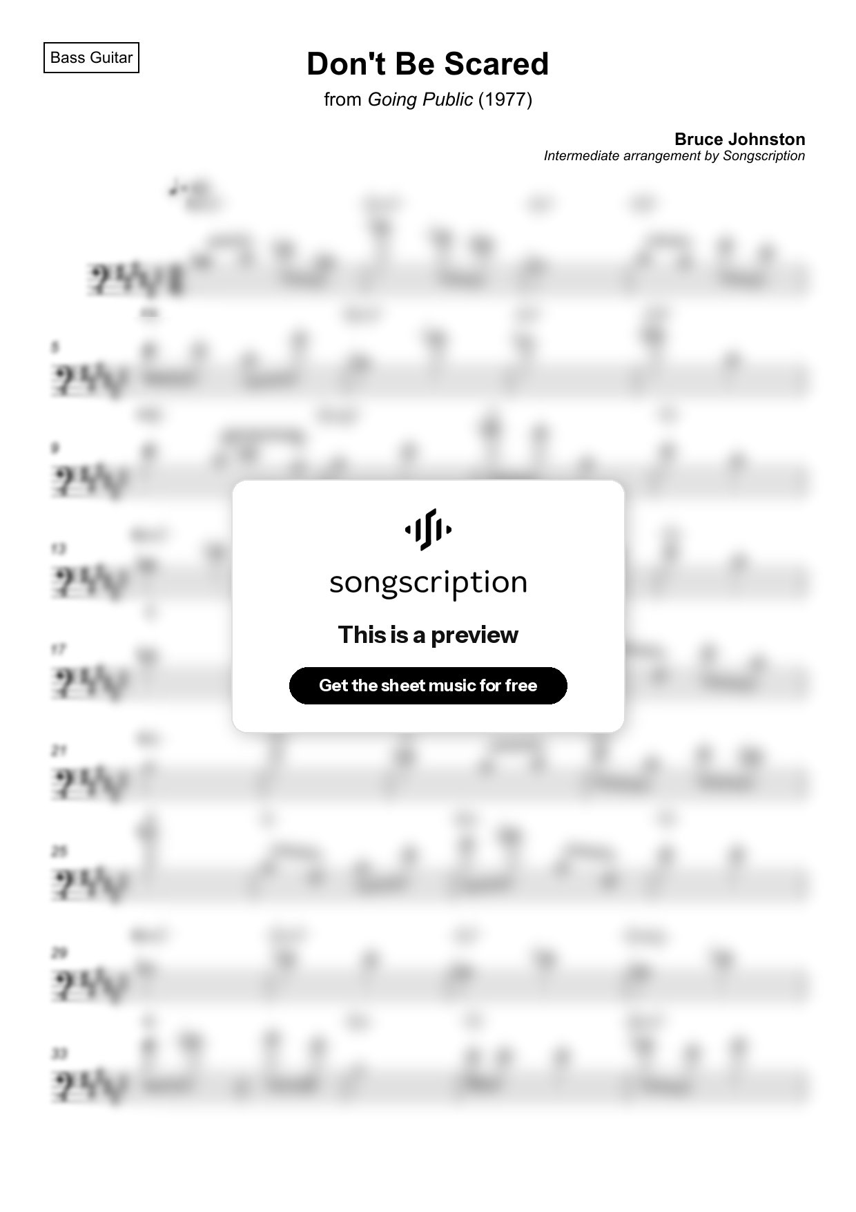 Intermediate Bass Guitar Sheet Music for "Don't Be Scared" by Bruce Johnston