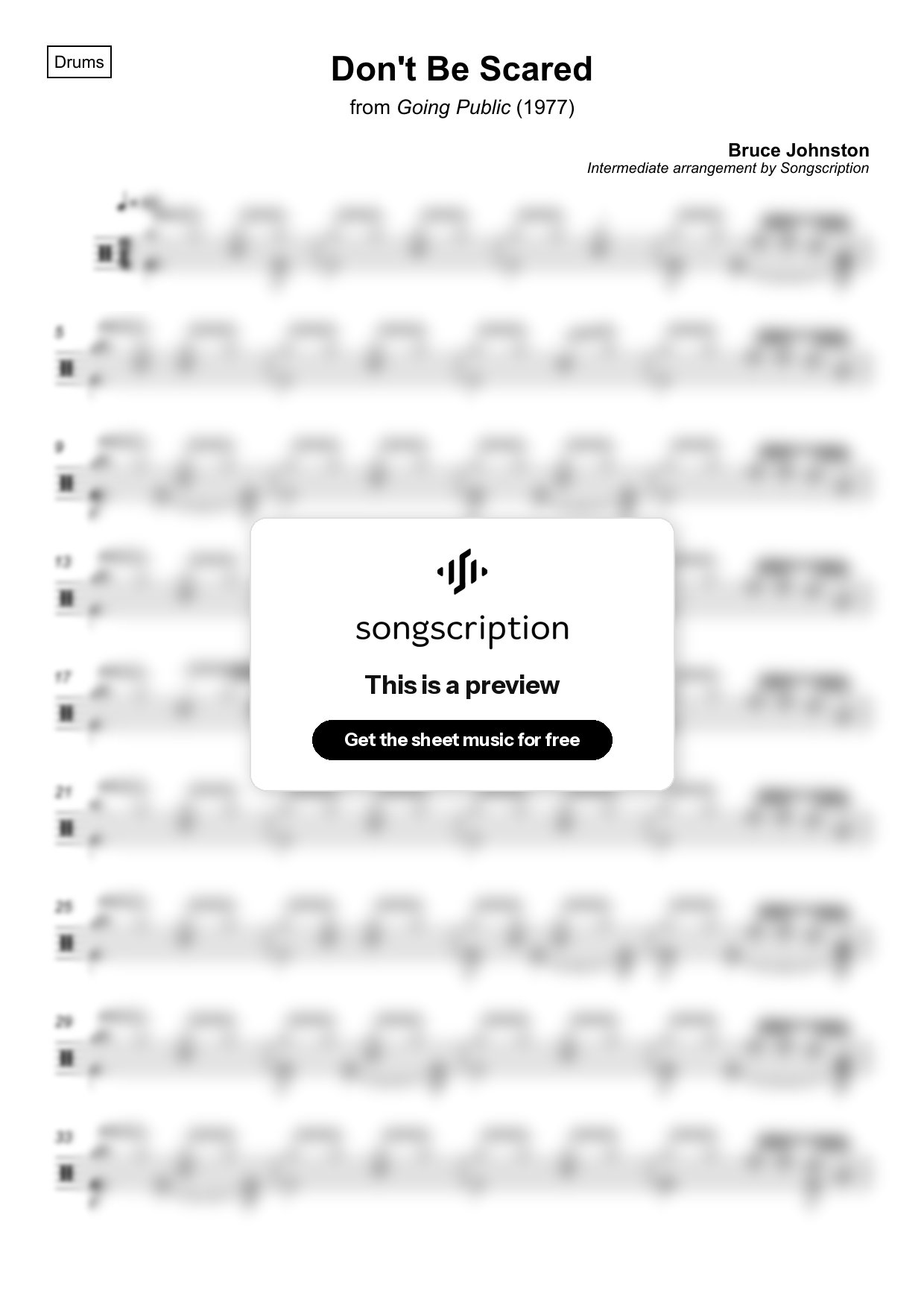 Intermediate Drums Sheet Music for "Don't Be Scared" by Bruce Johnston
