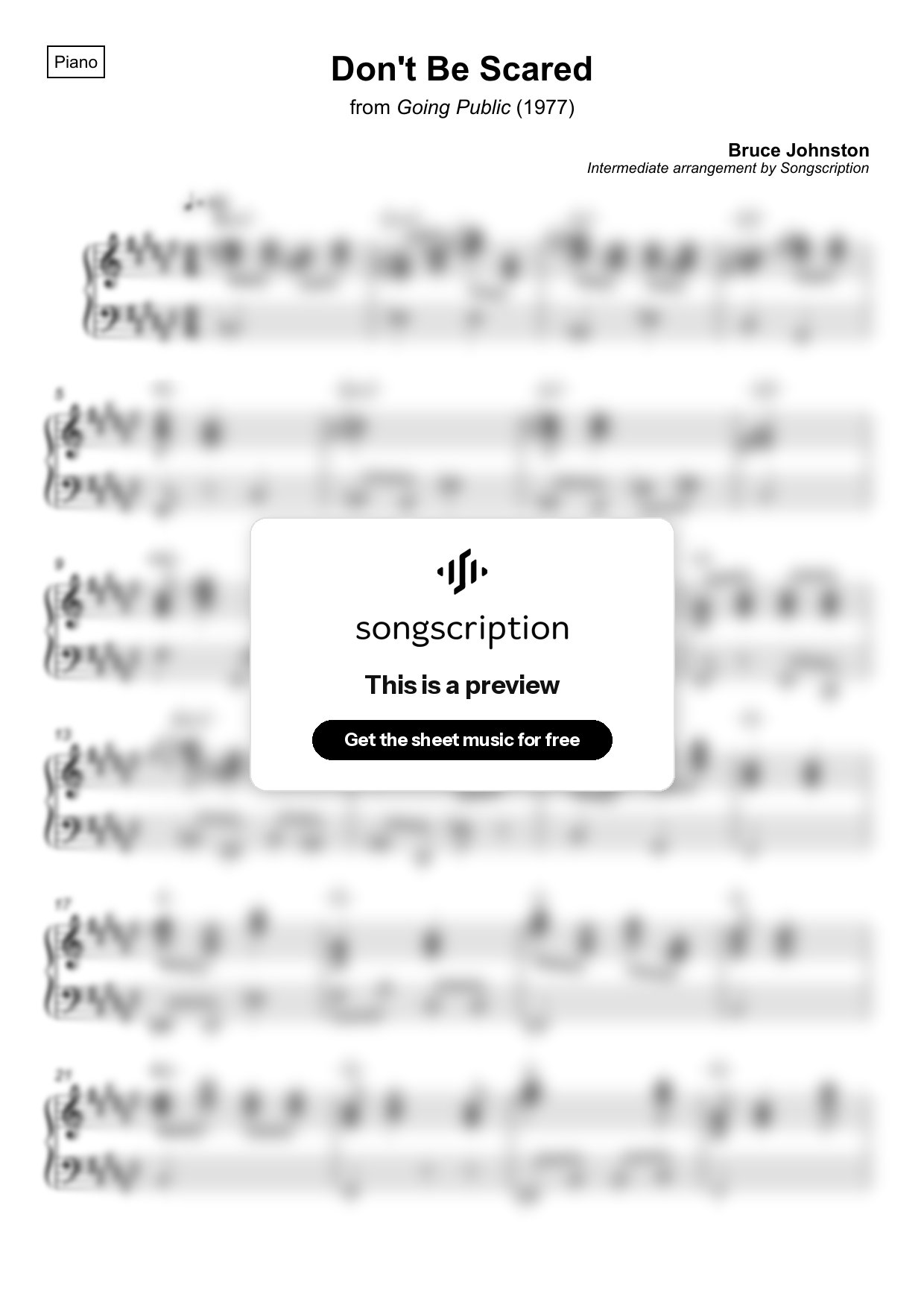 Intermediate Piano Sheet Music for "Don't Be Scared" by Bruce Johnston
