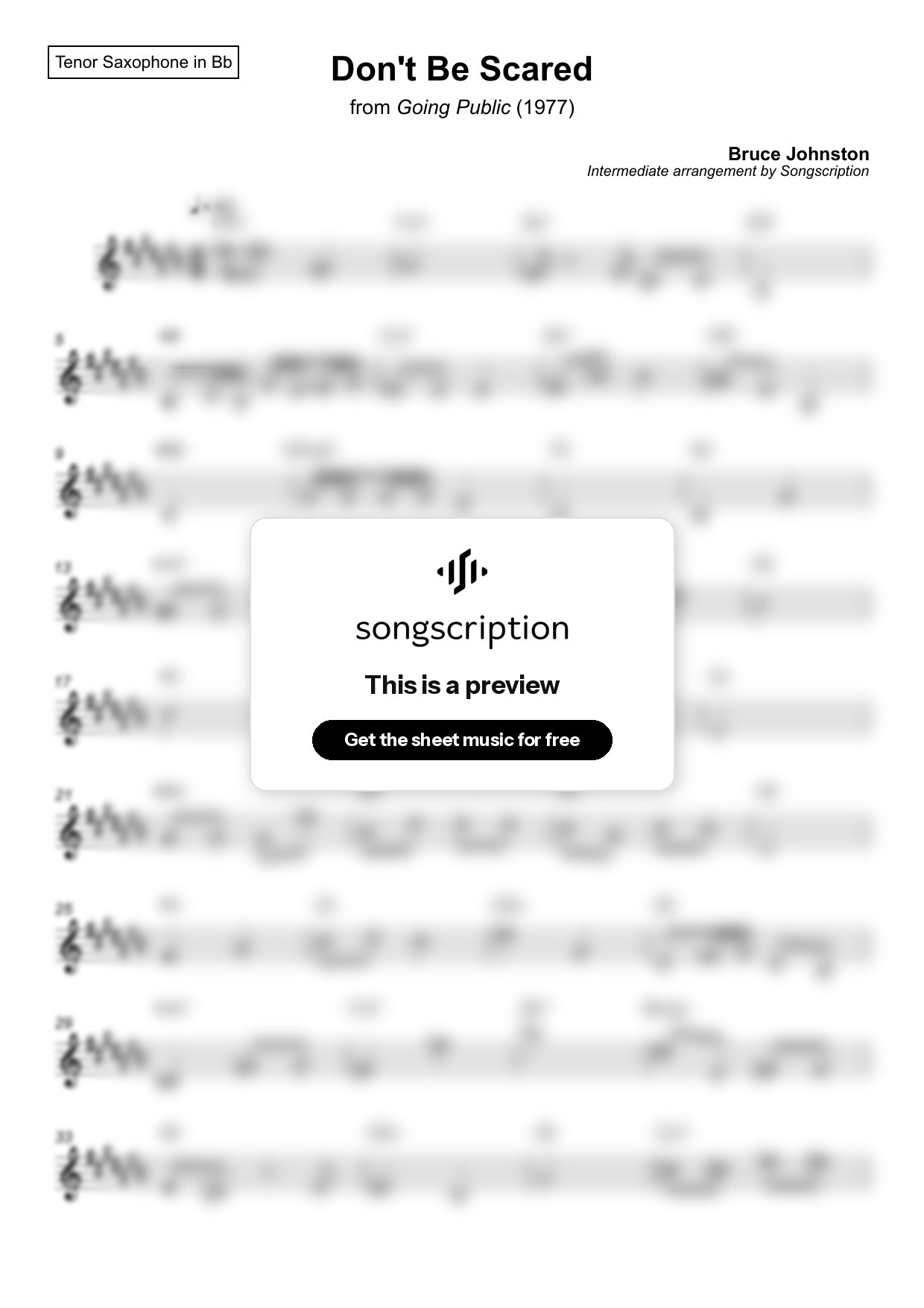 Intermediate Tenor Sax Sheet Music for "Don't Be Scared" by Bruce Johnston