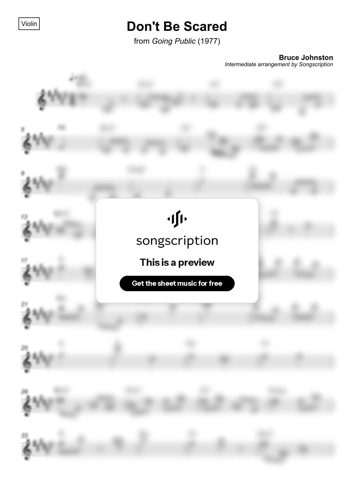 Intermediate Violin Sheet Music for "Don't Be Scared" by Bruce Johnston