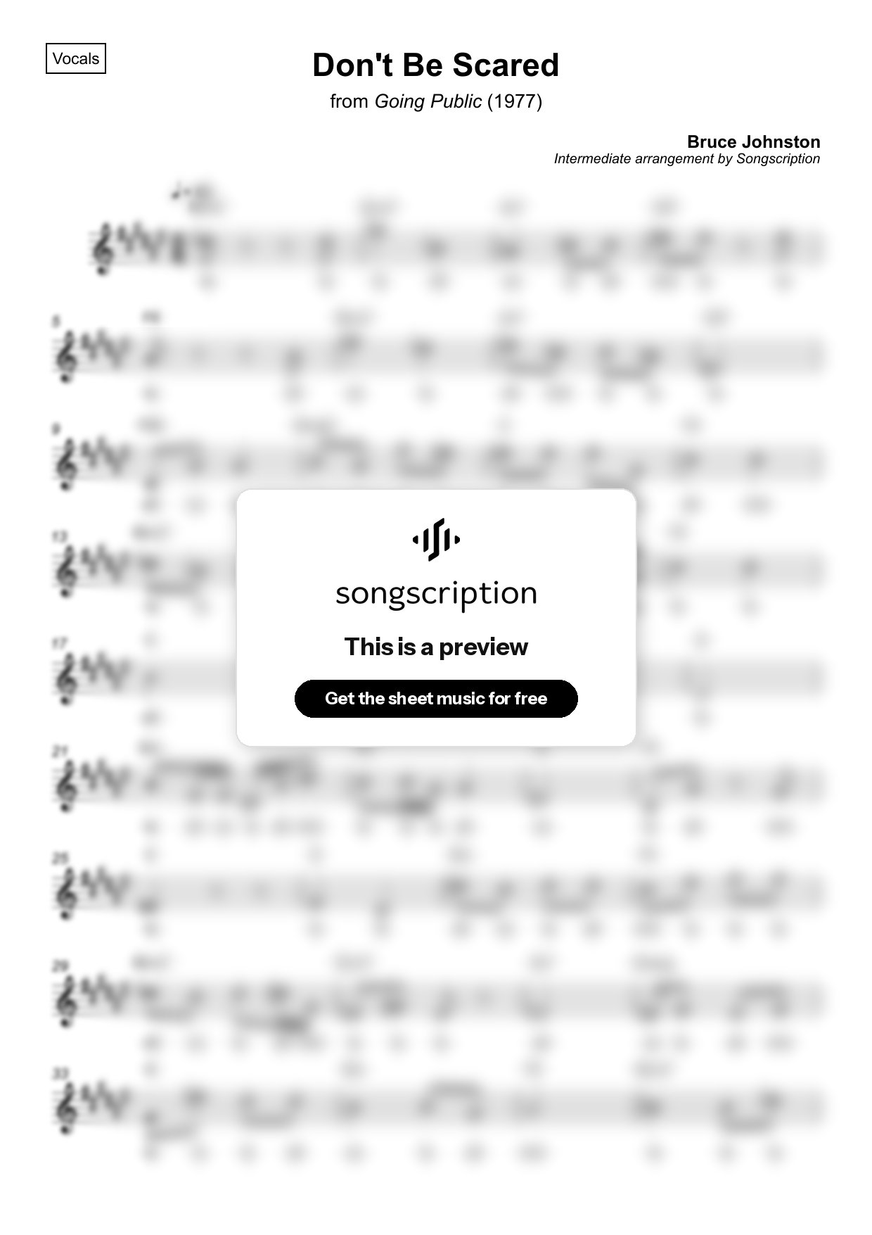 Intermediate Vocals Sheet Music for "Don't Be Scared" by Bruce Johnston