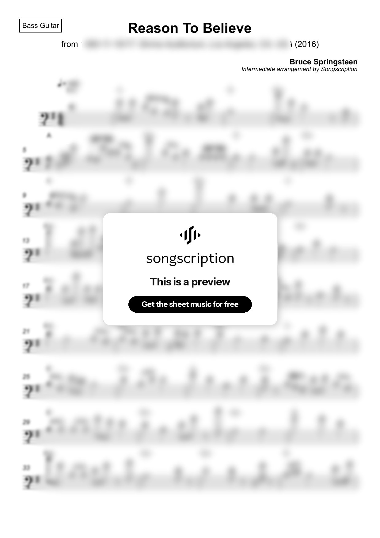 Intermediate Bass Guitar Sheet Music for "Reason To Believe" by Bruce Springsteen