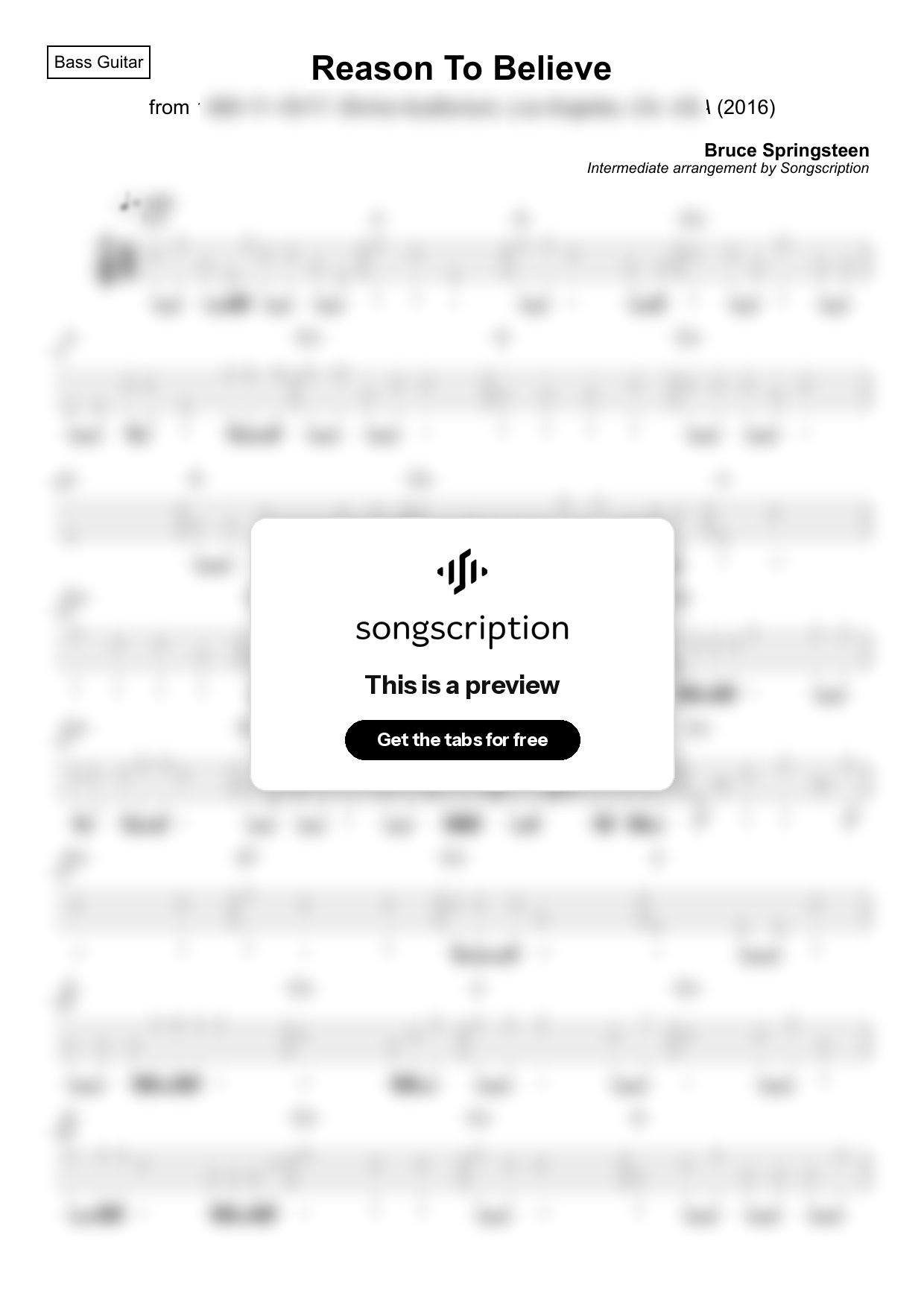 Intermediate Bass Guitar Tabs for "Reason To Believe" by Bruce Springsteen