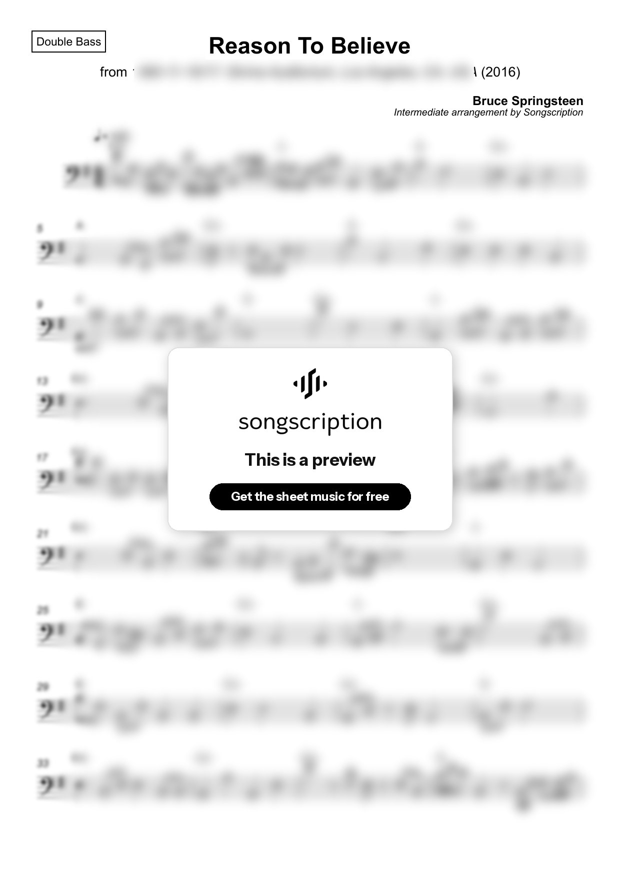 Intermediate Double Bass Sheet Music for "Reason To Believe" by Bruce Springsteen