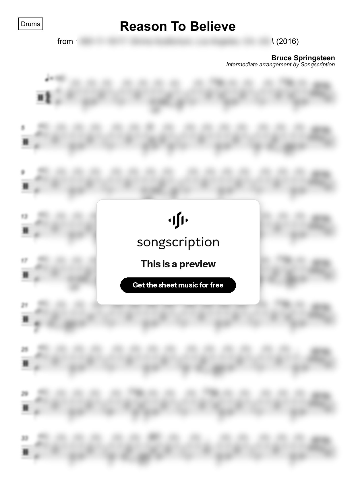 Intermediate Drums Sheet Music for "Reason To Believe" by Bruce Springsteen