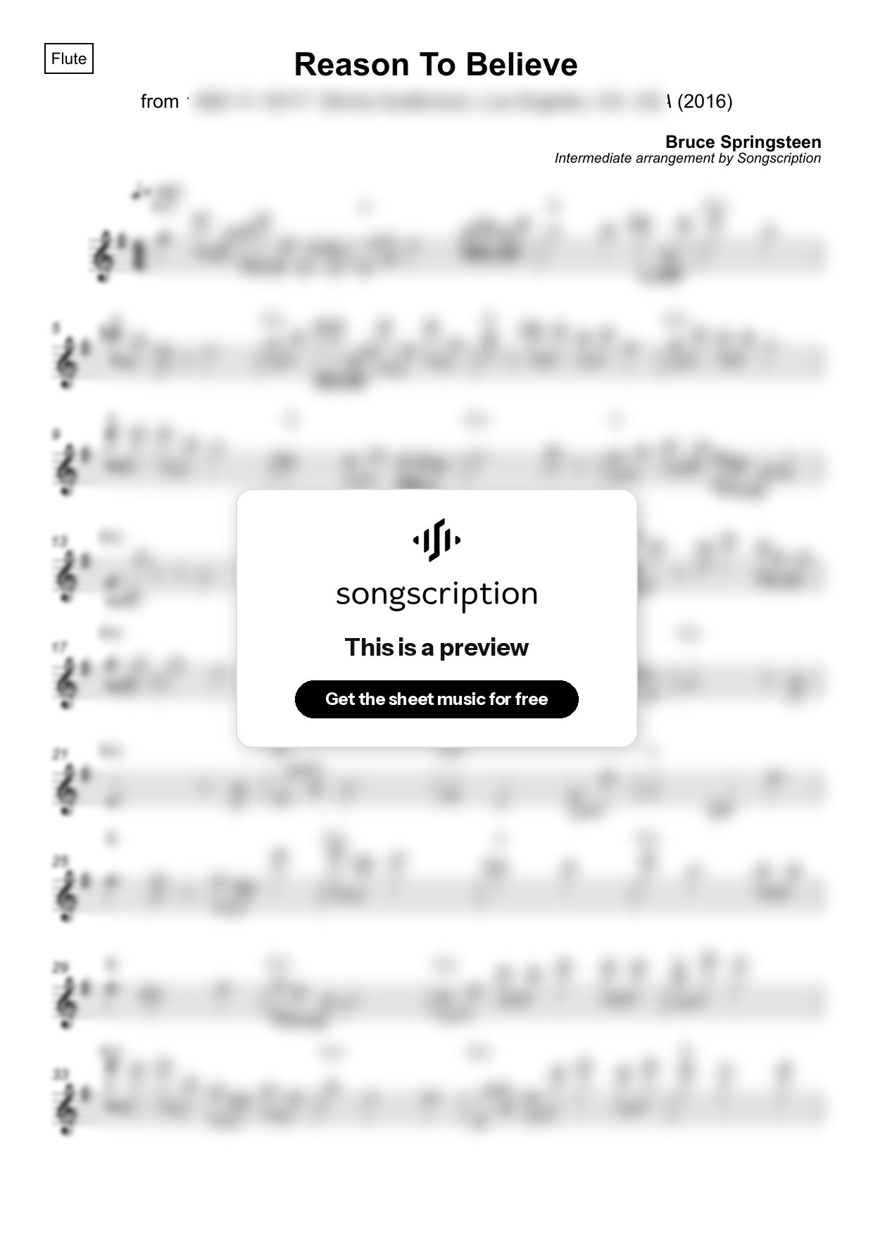 Intermediate Flute Sheet Music for "Reason To Believe" by Bruce Springsteen