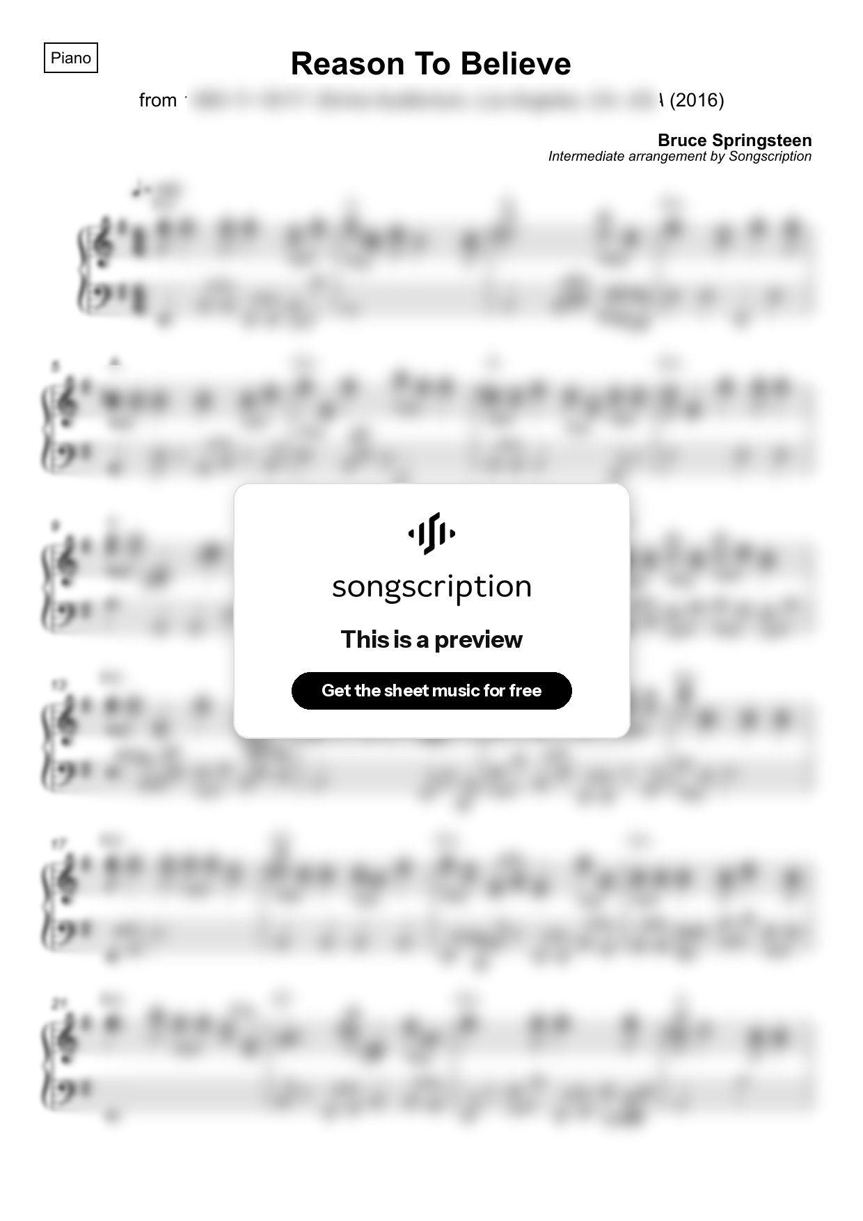 Intermediate Piano Sheet Music for "Reason To Believe" by Bruce Springsteen