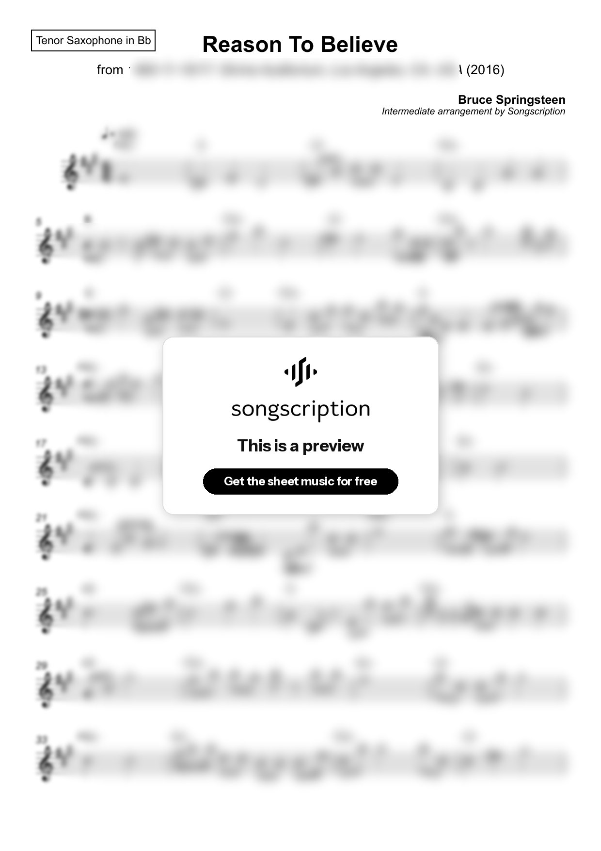Intermediate Tenor Sax Sheet Music for "Reason To Believe" by Bruce Springsteen