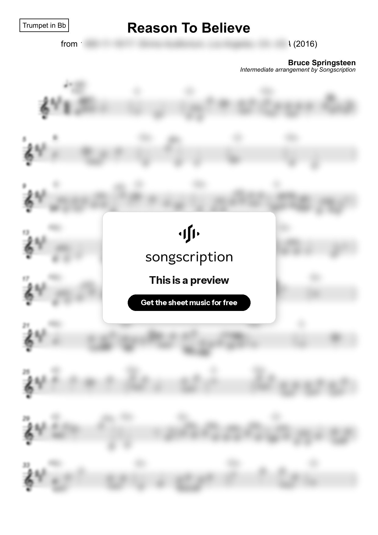 Intermediate Trumpet Sheet Music for "Reason To Believe" by Bruce Springsteen
