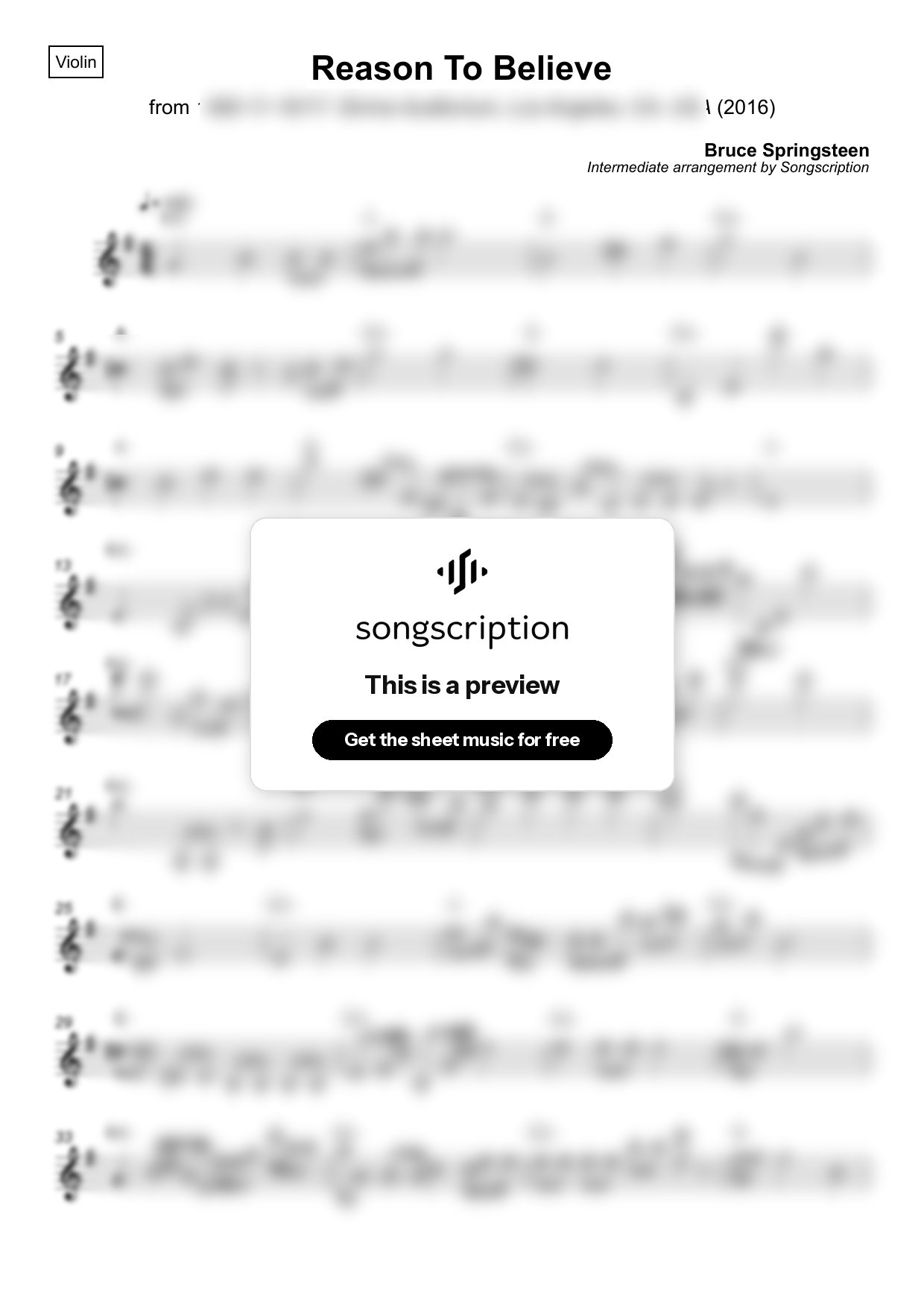 Intermediate Violin Sheet Music for "Reason To Believe" by Bruce Springsteen