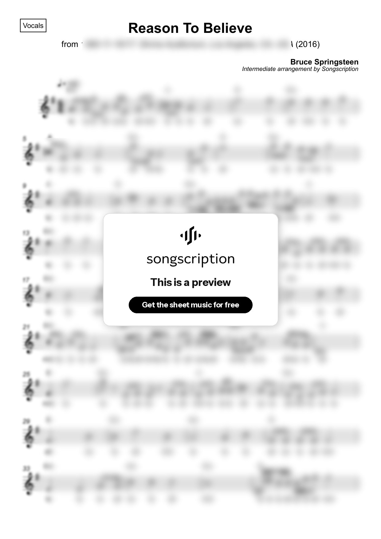 Intermediate Vocals Sheet Music for "Reason To Believe" by Bruce Springsteen