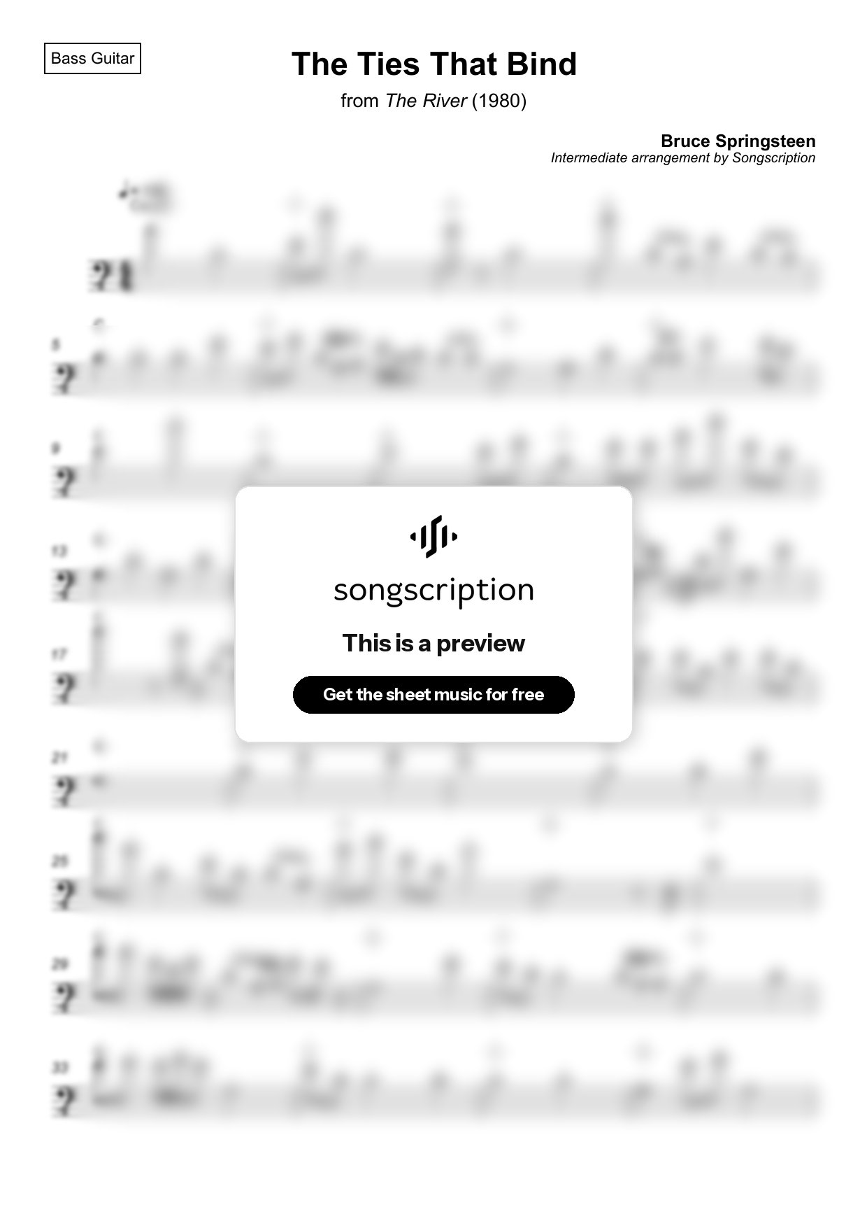 Intermediate Bass Guitar Sheet Music for "The Ties That Bind" by Bruce Springsteen