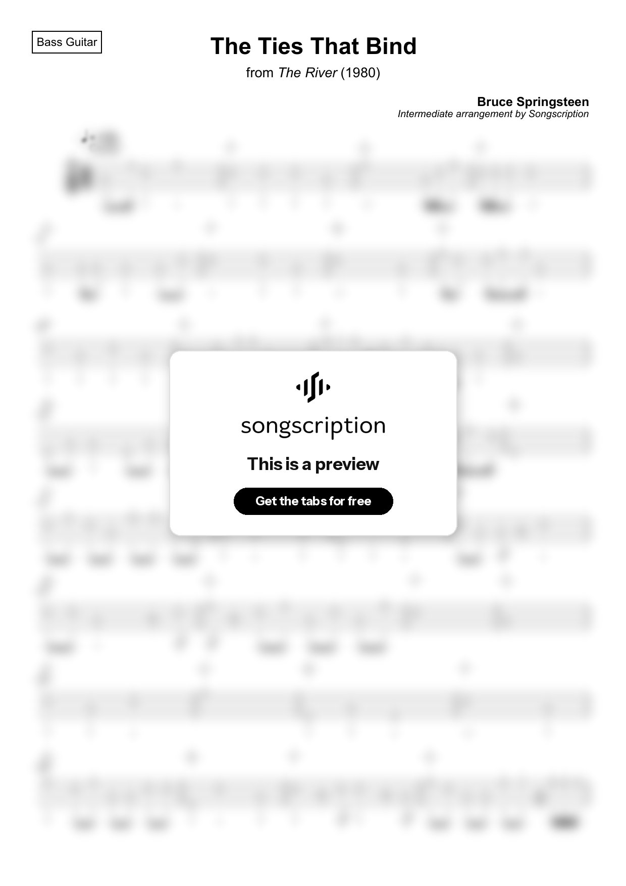 Intermediate Bass Guitar Tabs for "The Ties That Bind" by Bruce Springsteen