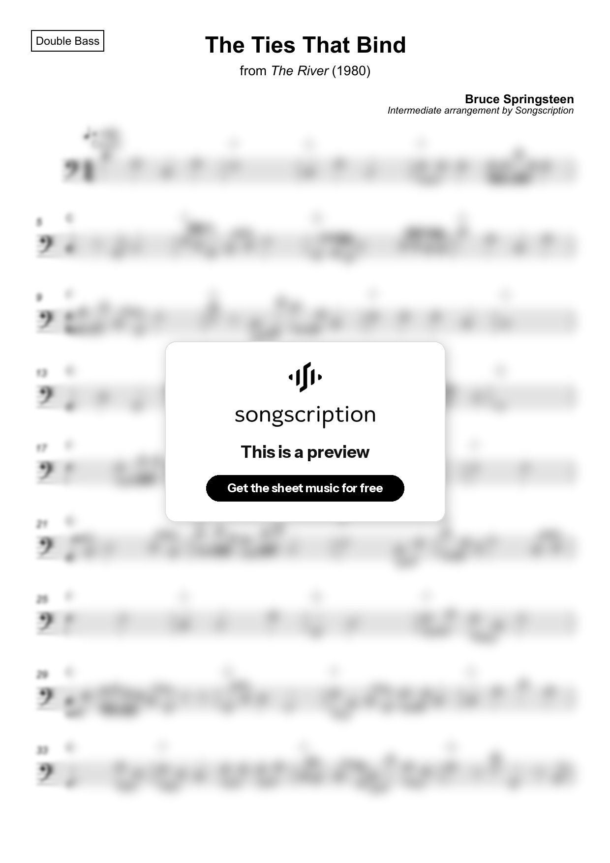 Intermediate Double Bass Sheet Music for "The Ties That Bind" by Bruce Springsteen