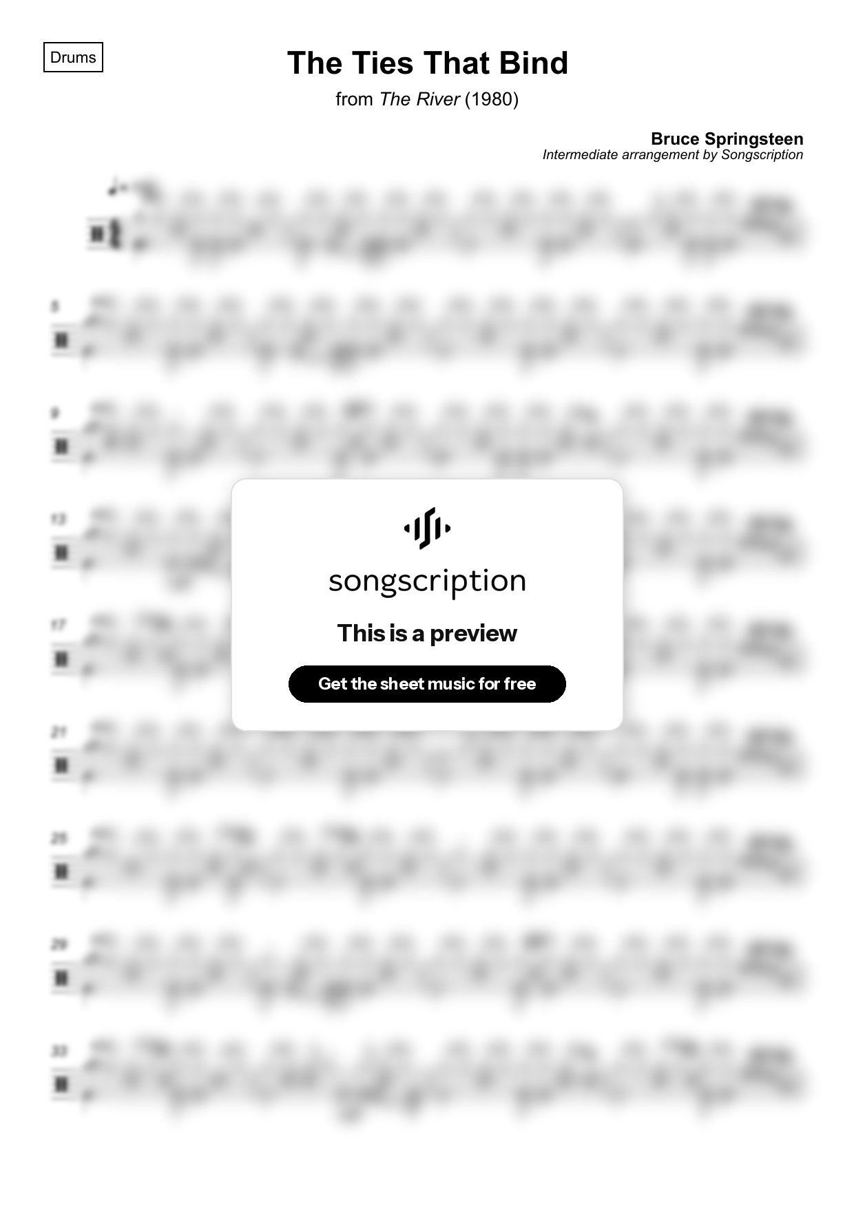 Intermediate Drums Sheet Music for "The Ties That Bind" by Bruce Springsteen
