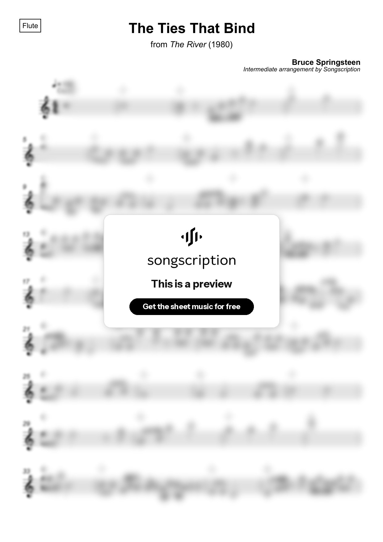 Intermediate Flute Sheet Music for "The Ties That Bind" by Bruce Springsteen