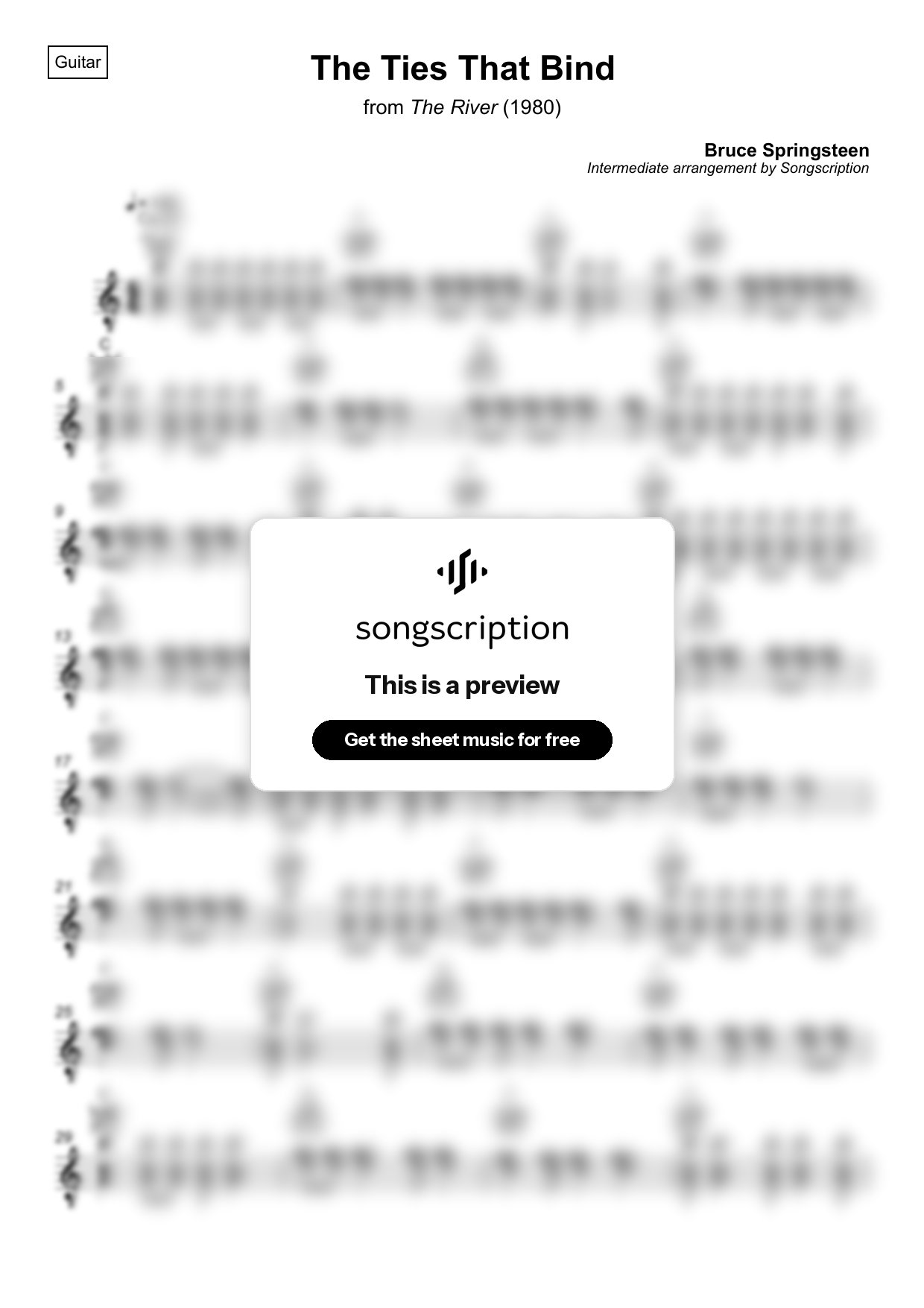 Intermediate Acoustic Guitar Sheet Music for "The Ties That Bind" by Bruce Springsteen