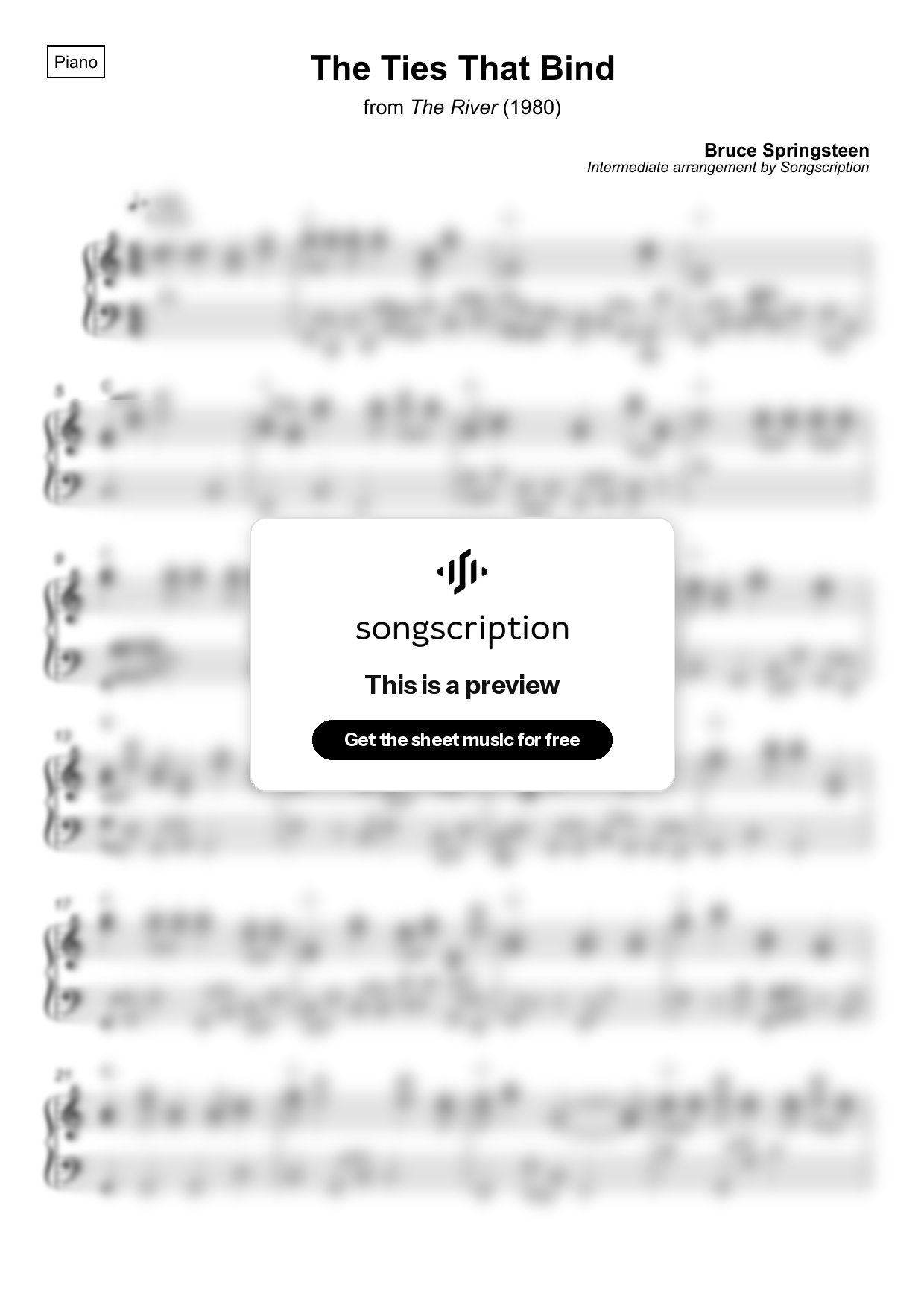 Intermediate Piano Sheet Music for "The Ties That Bind" by Bruce Springsteen