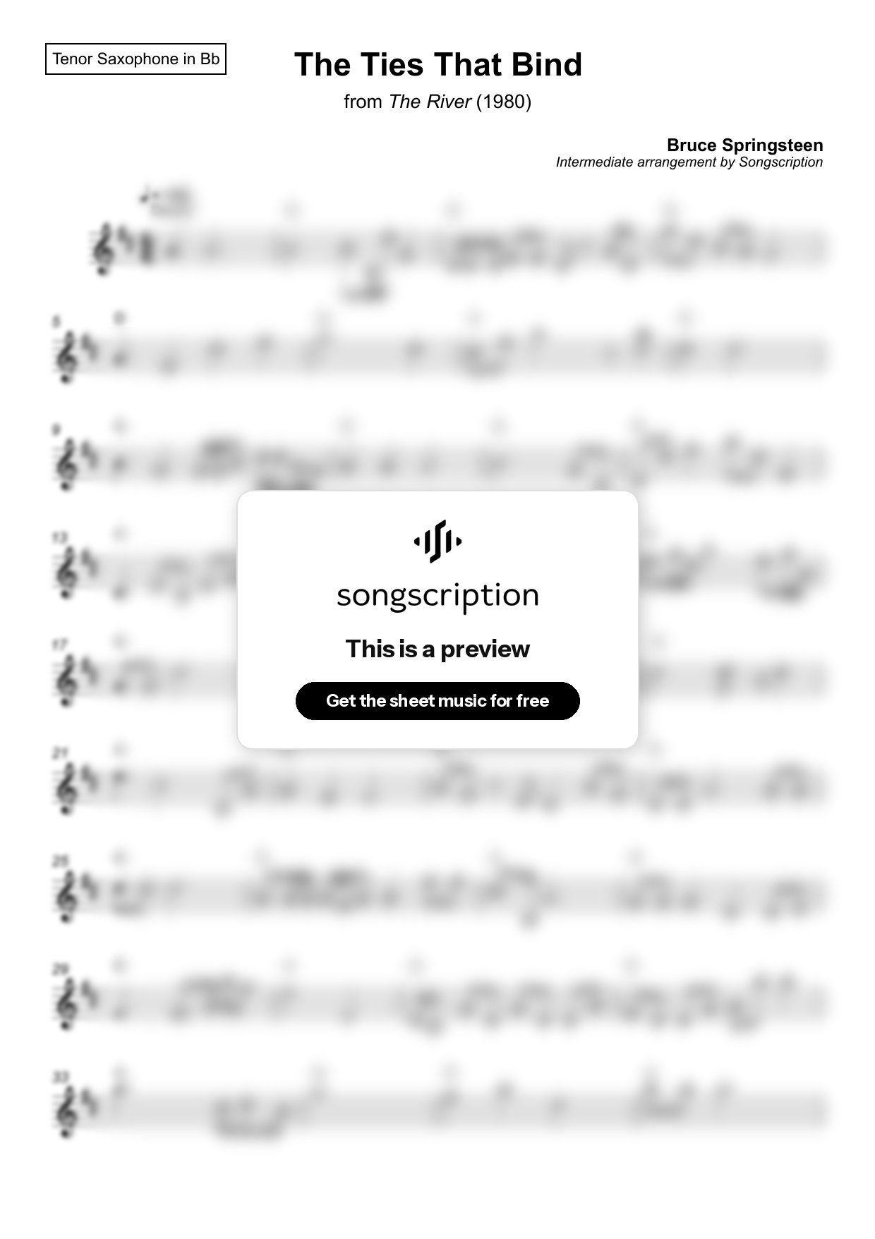 Intermediate Tenor Sax Sheet Music for "The Ties That Bind" by Bruce Springsteen