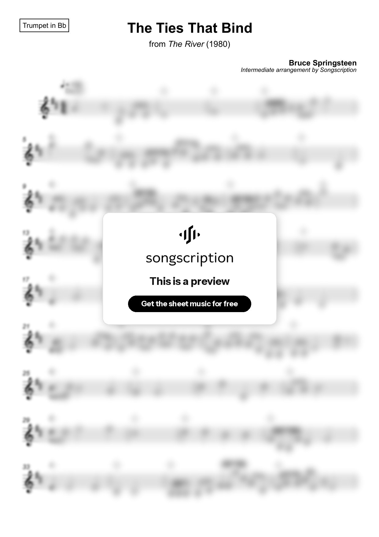Intermediate Trumpet Sheet Music for "The Ties That Bind" by Bruce Springsteen
