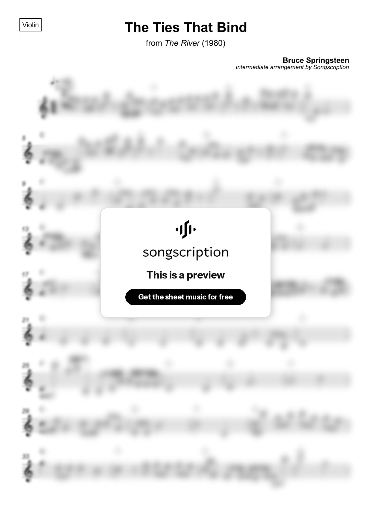 Intermediate Violin Sheet Music for "The Ties That Bind" by Bruce Springsteen