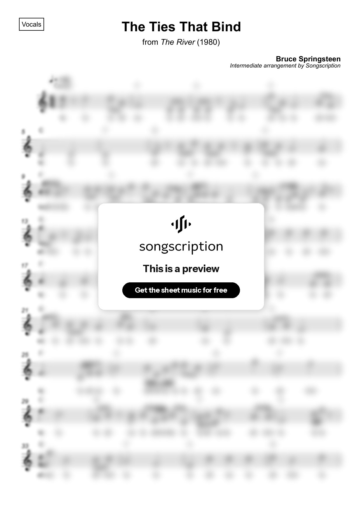Intermediate Vocals Sheet Music for "The Ties That Bind" by Bruce Springsteen