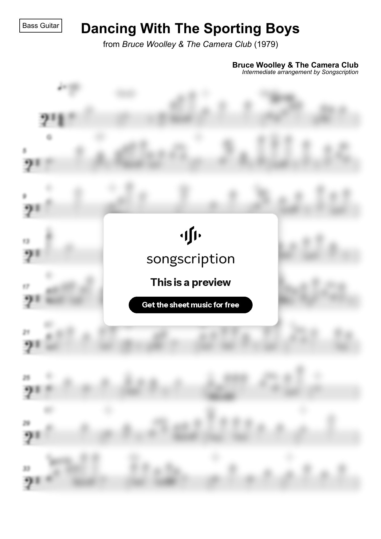 Intermediate Bass Guitar Sheet Music for "Dancing With The Sporting Boys" by Bruce Woolley & The Camera Club